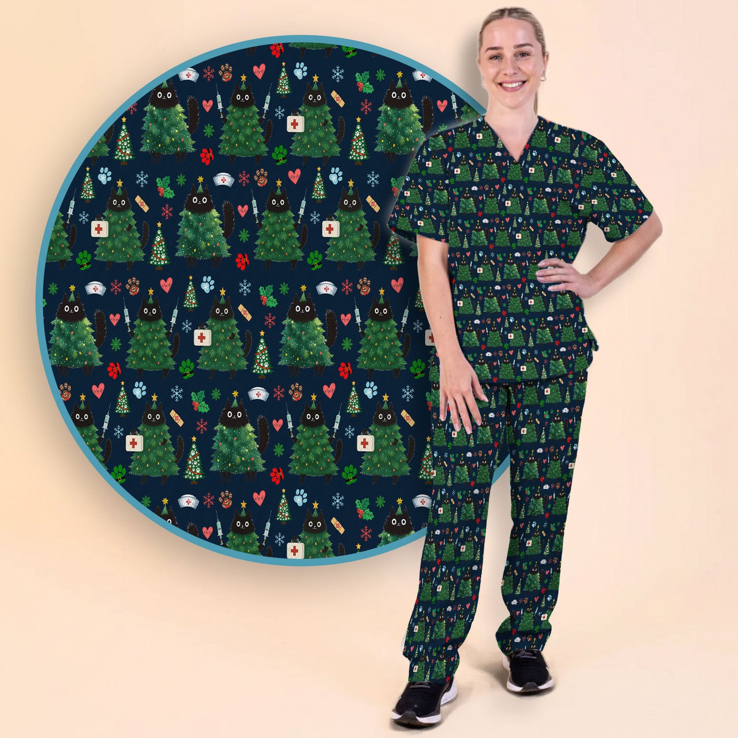Christmas Nurse Scrub Set, Xmas Black Cat Pattern Nurse Shirt,  Breathable Fabrics Nursing Uniform