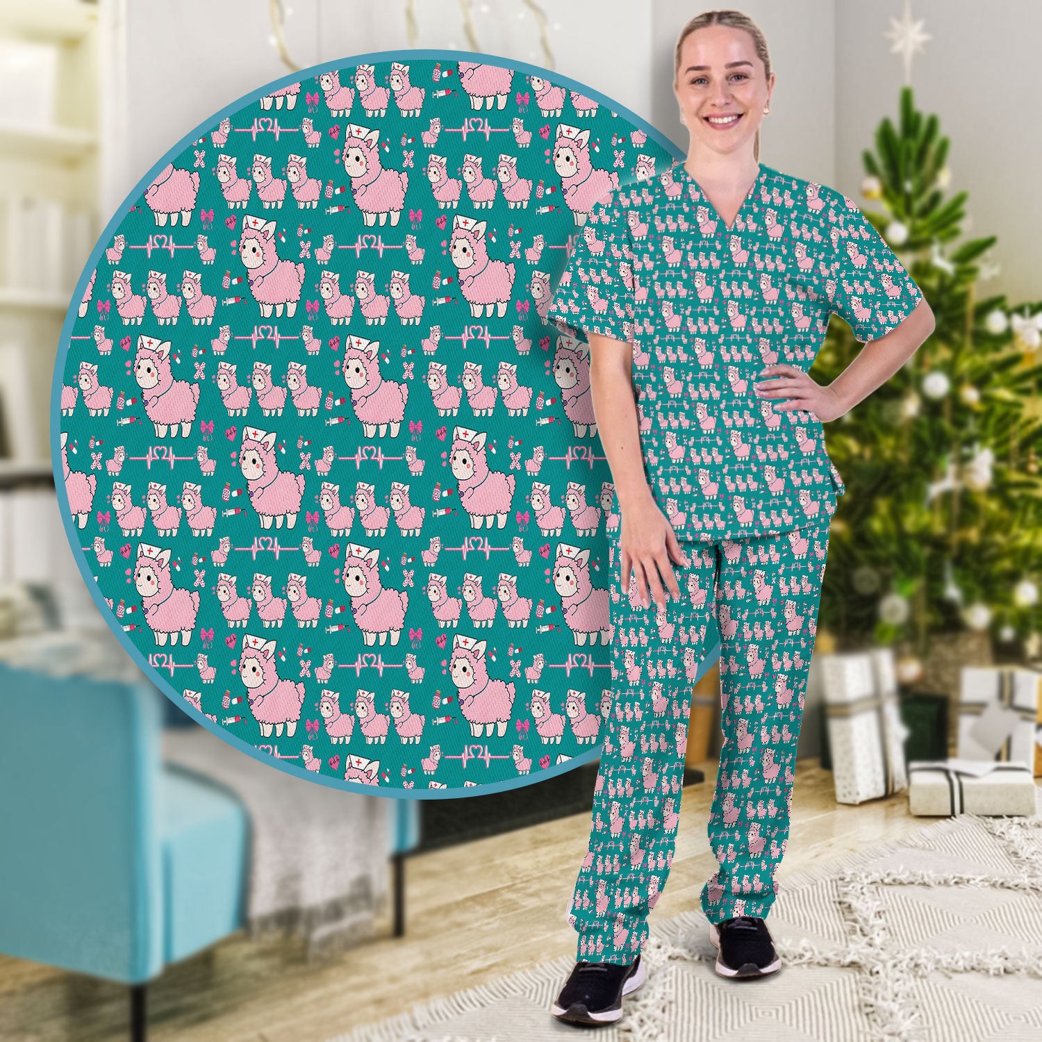 Llama Ain't Got Time For Your Drama Scrub Set, Funny Pattern Scrub Shirt, Breathable Fabrics Nursing Uniform
