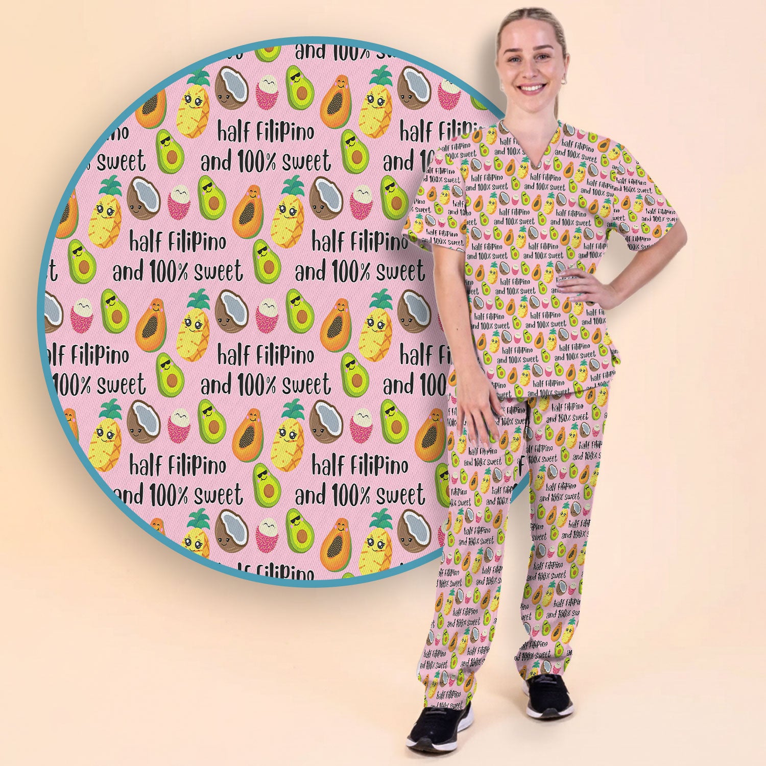 Playful Avocado Fruit Print Filipino Quote Scrub Set, Breathable Med Uniform