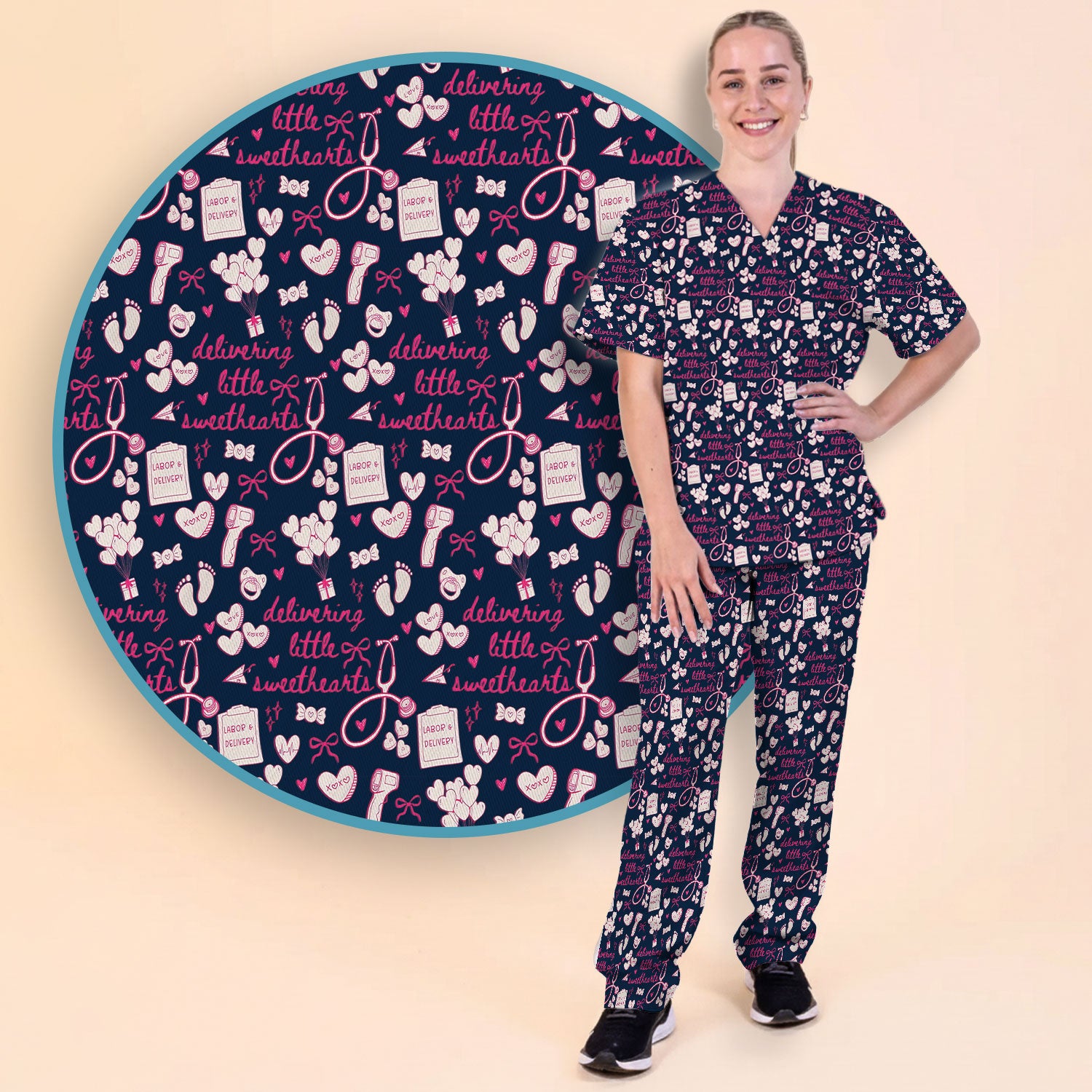 Valentine Labor And Delivery Scrub Set, XOXO Pattern Scrub Shirt, Breathable Fabrics Nursing Uniform For Women