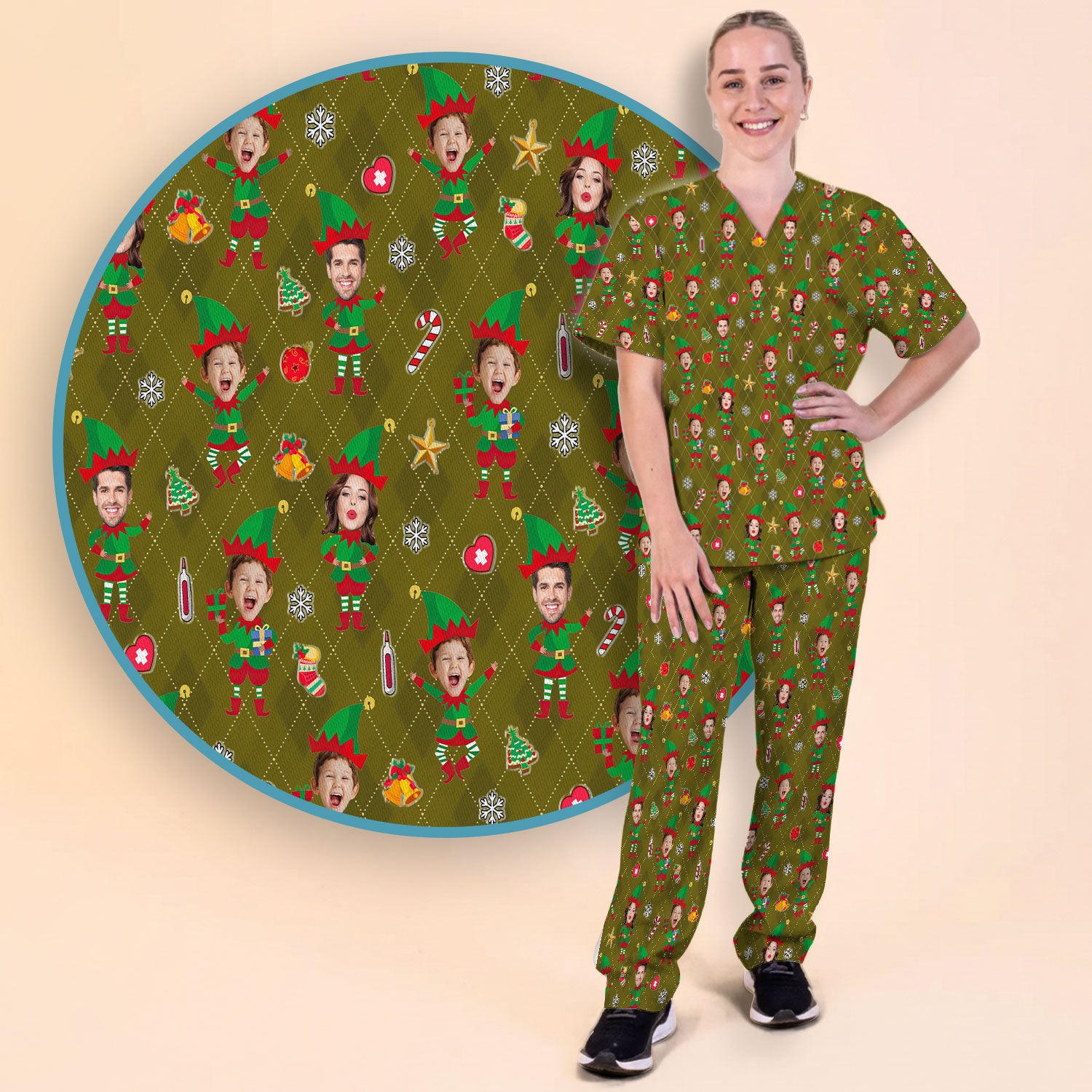 Personalized Face Nurse Uniform, Custom Photo Christmas Scrub Set, Funny Holiday Medical Uniform For Nursing
