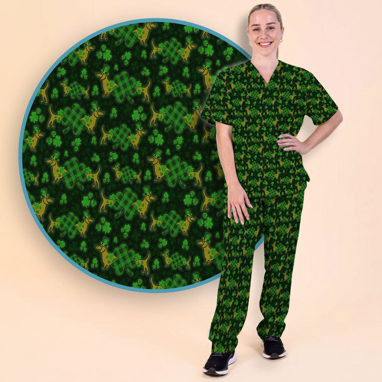 St. Patrick’s Day Dachshund Dog Pattern Scrub Set, Lucky Shamrock Puppy Nurse Scrub Shirt, Green Irish Nursing Uniform