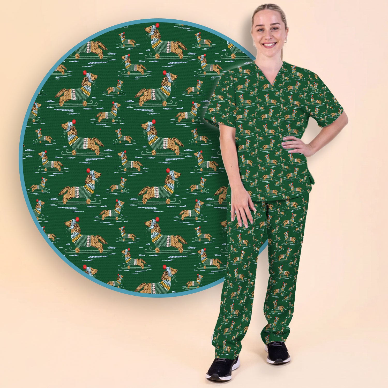 Dachshund Nurse Scrub Set, Wiener Dog Winter Pattern Shirt, Breathable Fabrics Nursing Uniform
