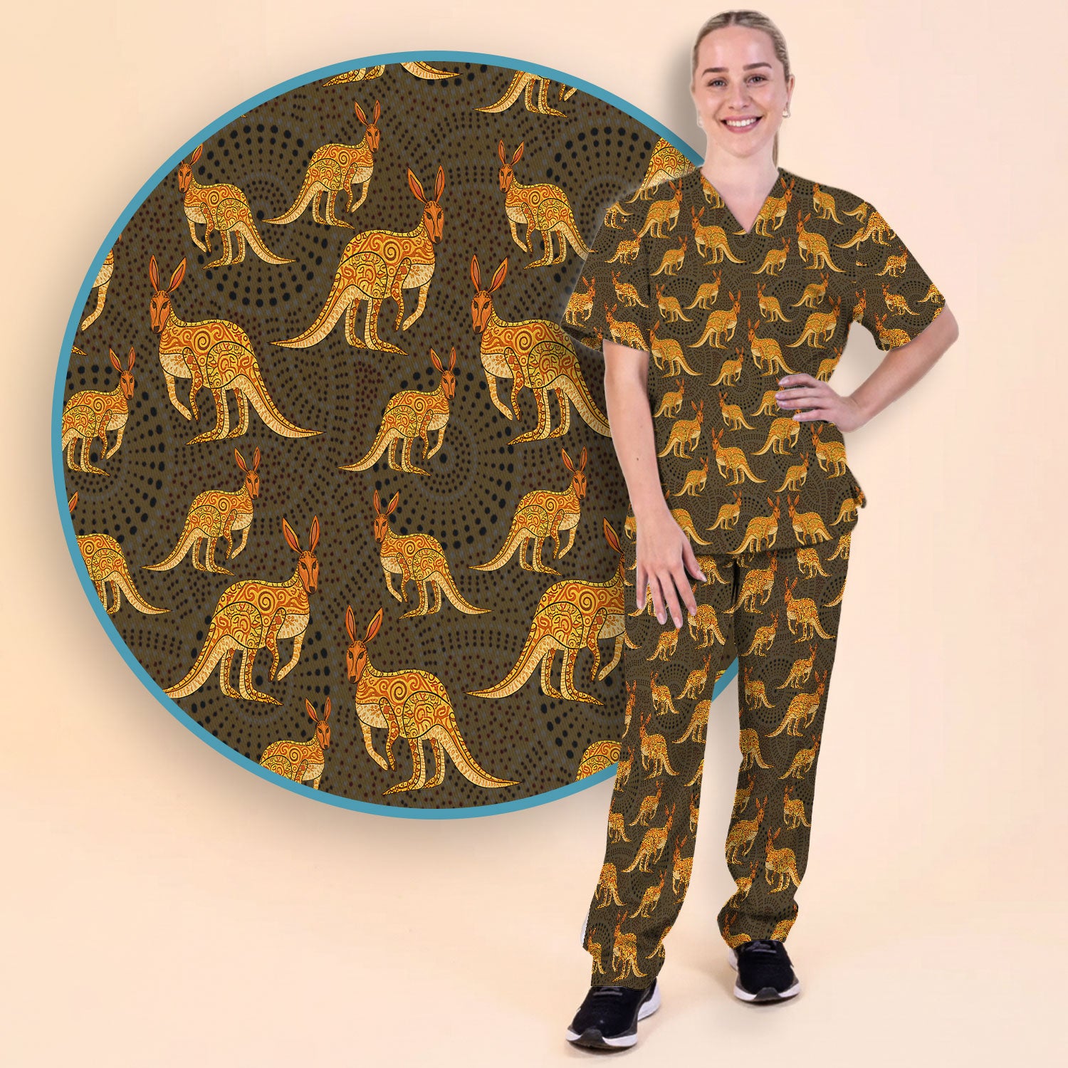 Australian Kangaroo Dot Art Inspired Nursing Scrub Set - Women Uniform