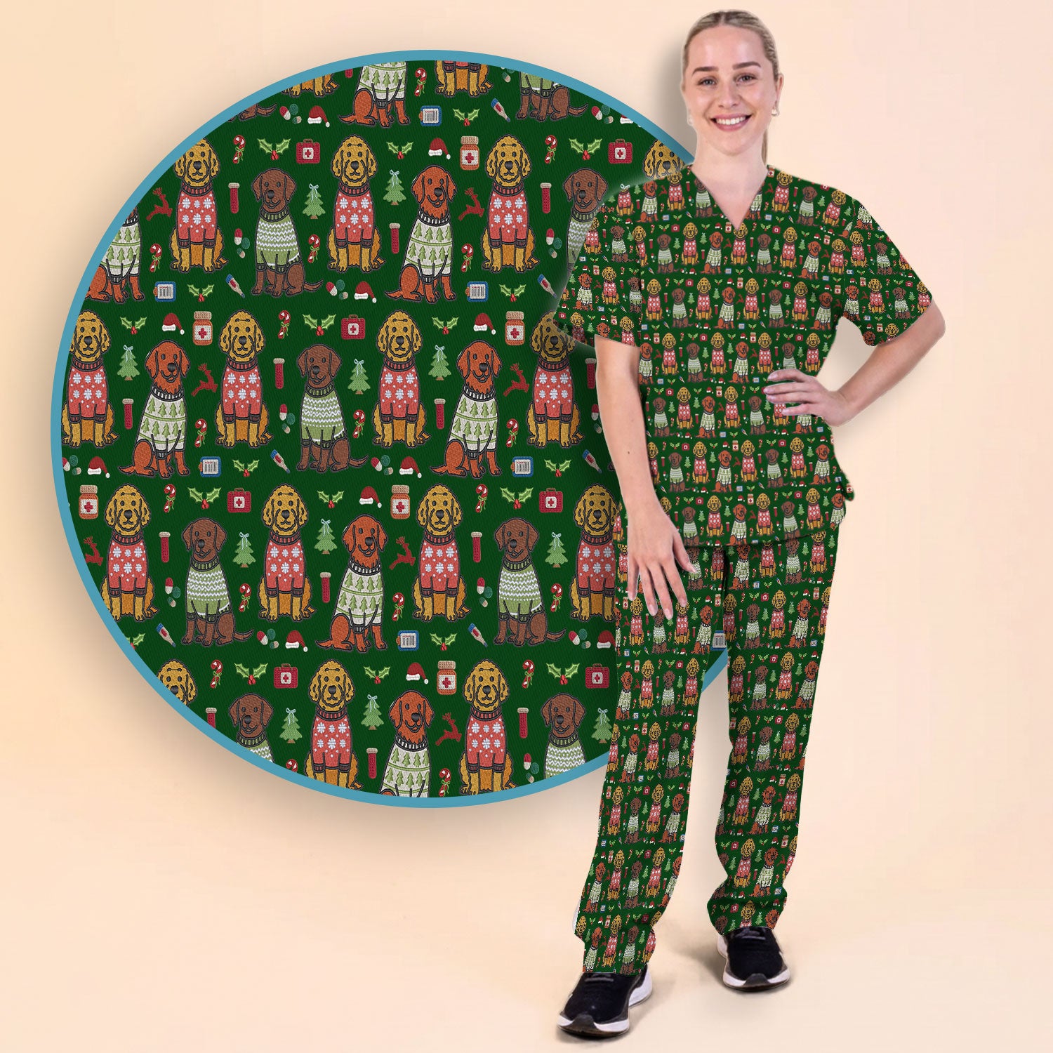 Golden Retriever Christmas Scrub Set, Cute Holiday Dog Nurse Pattern Shirt, Breathable Fabrics Nursing Uniform