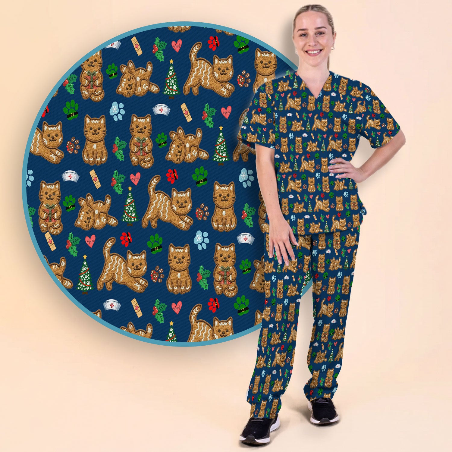 Gingerbread Cat Christmas Scrub Set, Cute Holiday Kitty Medical Uniform Shirt For Nursing, Festive Nurse Pattern