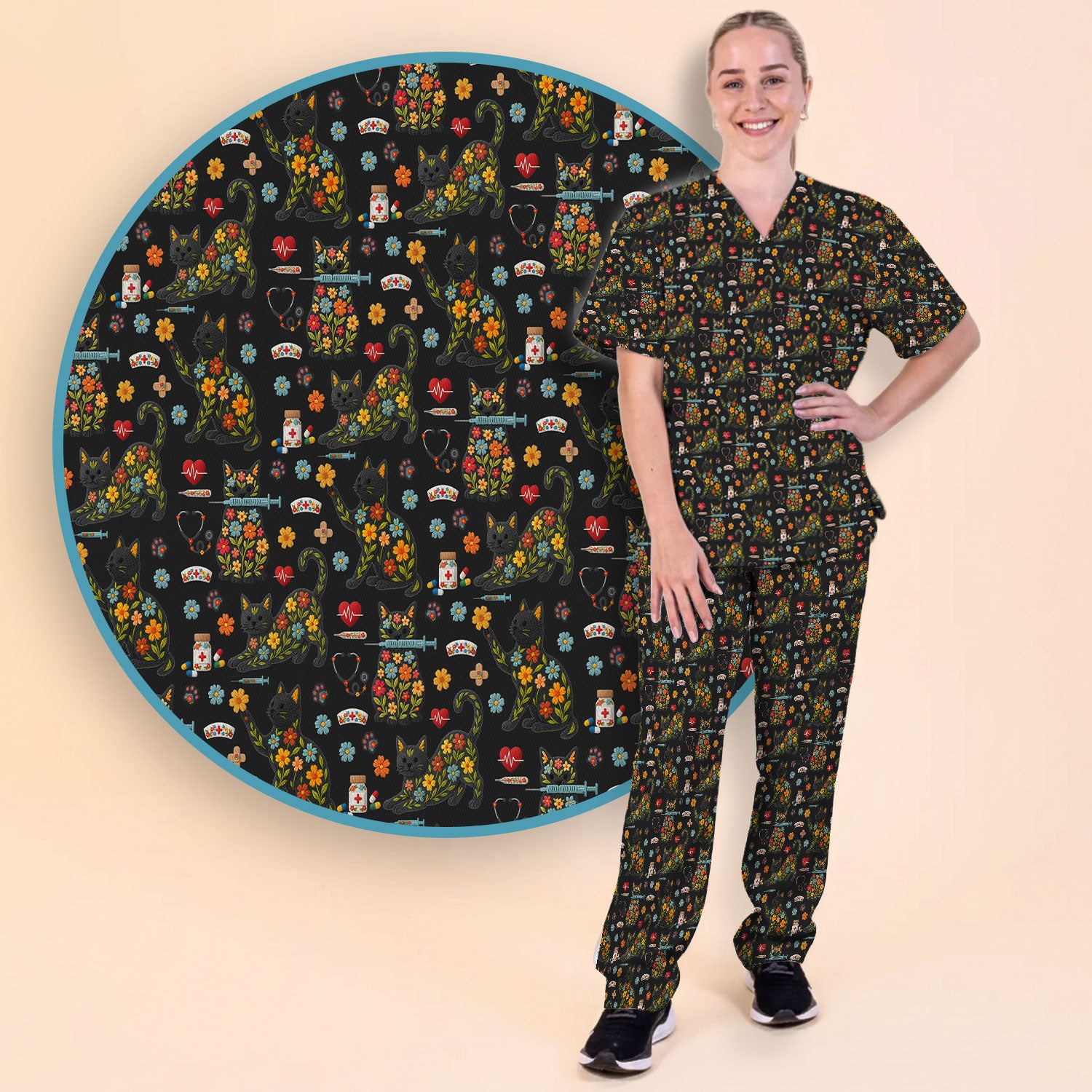 Floral Black Cat Pattern Scrub Set, Cute Cat Nurse Scrub Shirt, Medical Nursing Uniform