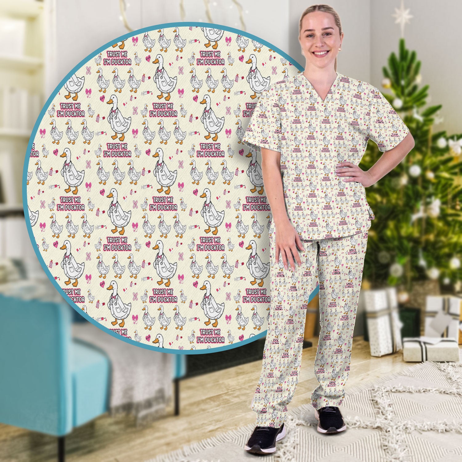 Trust Me I'm Ducktor Scrub Set, Funny Duck Pattern Scrub Shirt, Breathable Fabrics Nursing Uniform For Women