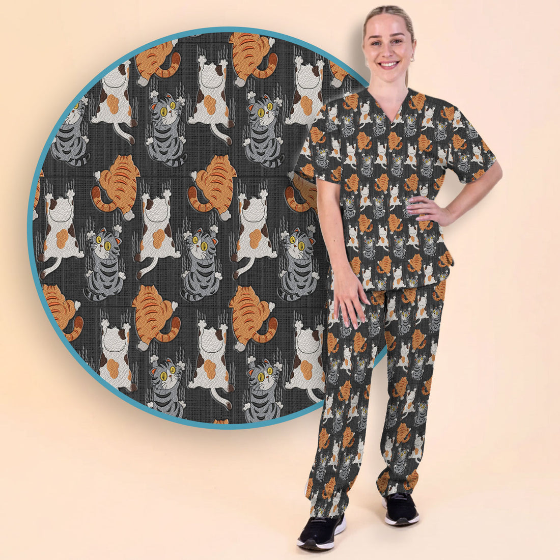 Cute Cat Pattern Nurse Scrub Set, Cats Medical Pattern Shirt, Breathable Fabrics Nursing Uniform