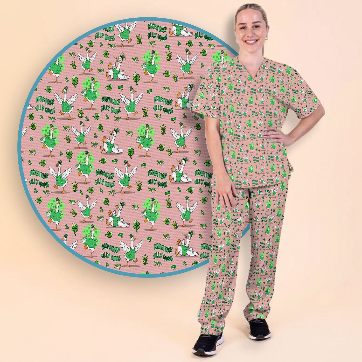 Silly Goose St. Patrick’s Day Scrub Set, Funny Goose Shamrock Pattern Nurse Scrub Shirt, Irish Green Nursing Uniform