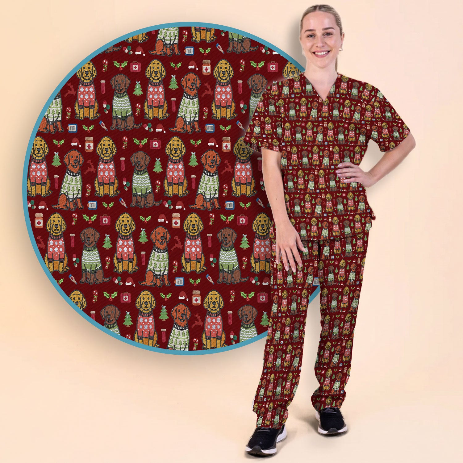 Golden Retriever Christmas Scrub Set, Cute Holiday Dog Nurse Pattern Shirt, Breathable Fabrics Nursing Uniform