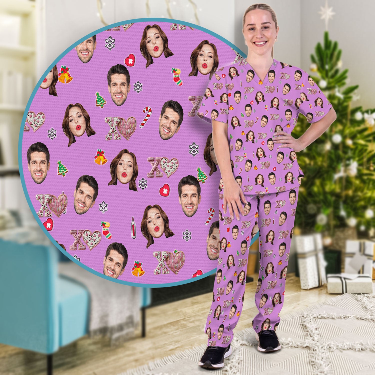 Custom Face Pattern XOXO Scrub Shirt, Personalized Photo Scrub Set, Breathable Fabrics Nursing Uniform