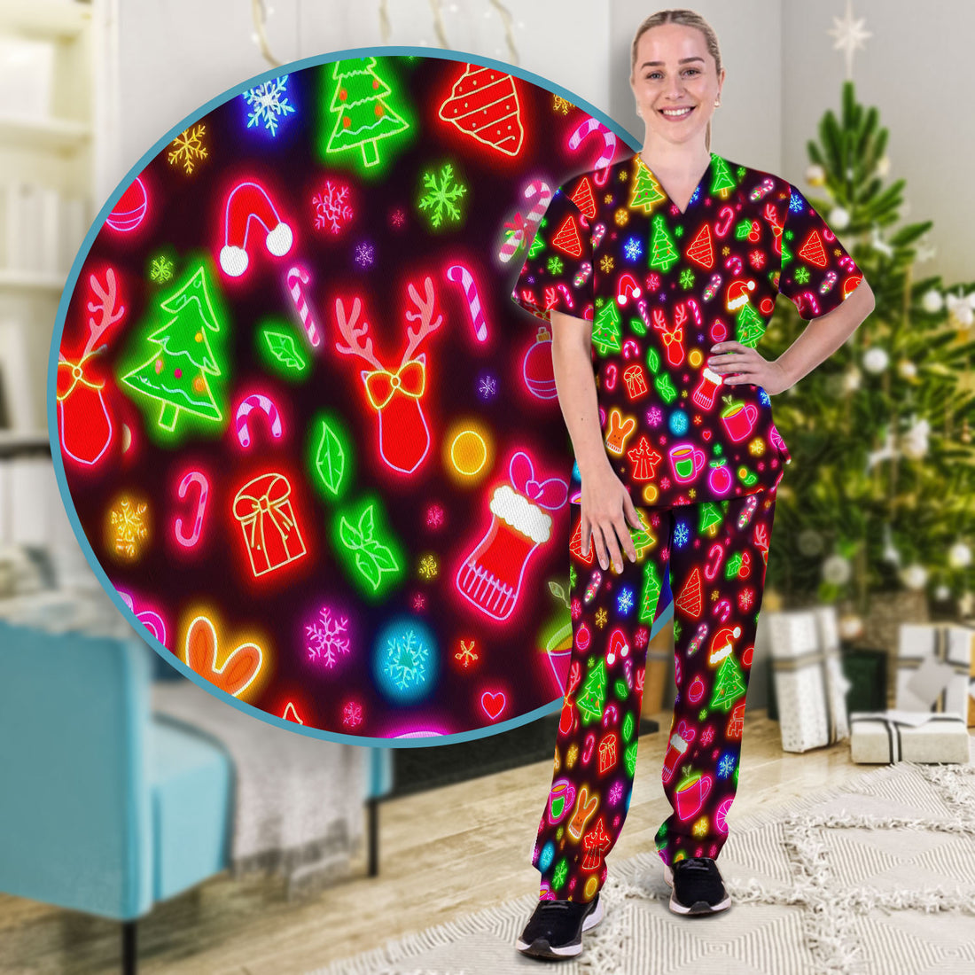 Reindeer Neon Xmas Scrub Set, Christmas Pattern Scrub Shirt,  Breathable Fabrics Nursing Uniform