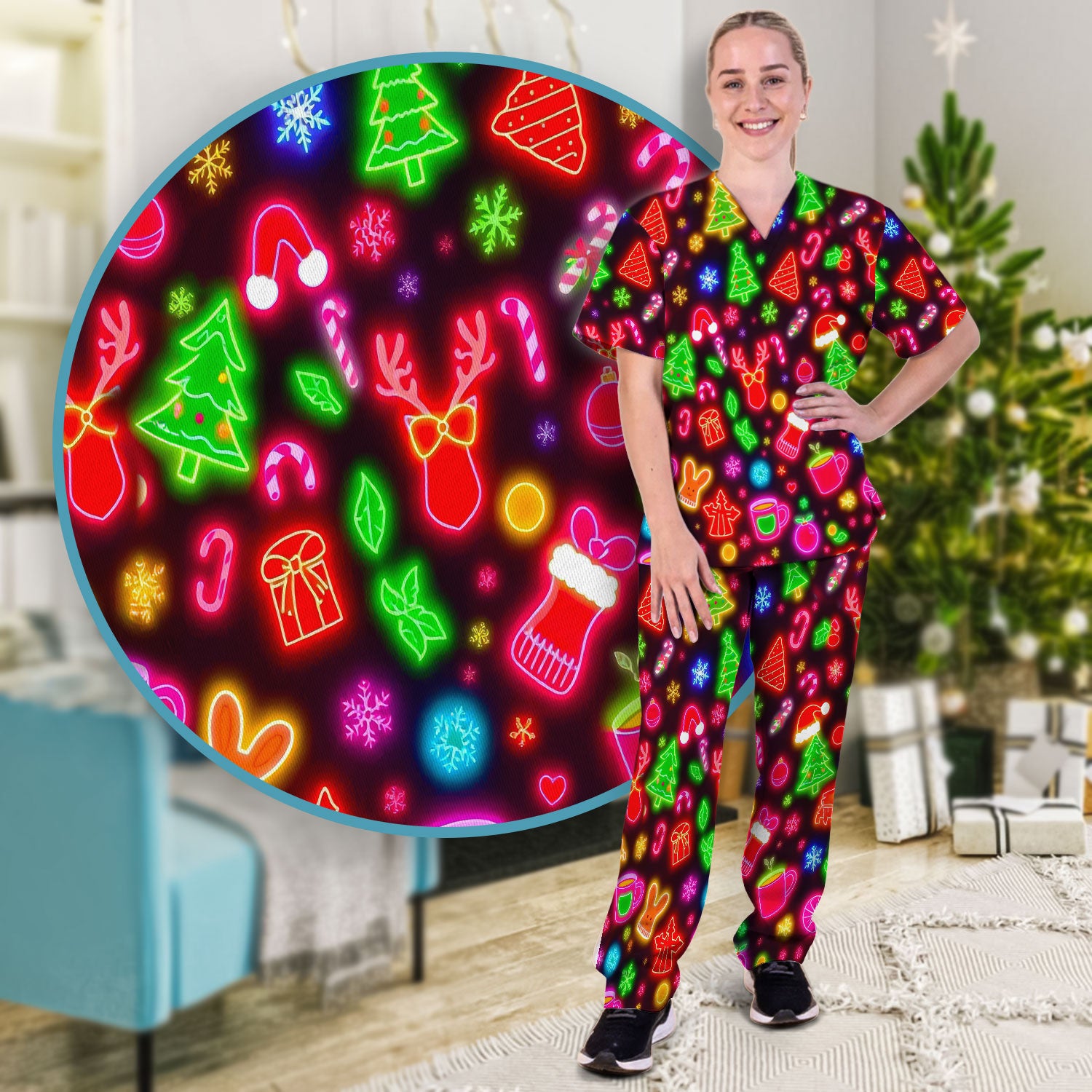 Reindeer Neon Xmas Scrub Set, Christmas Pattern Scrub Shirt,  Breathable Fabrics Nursing Uniform
