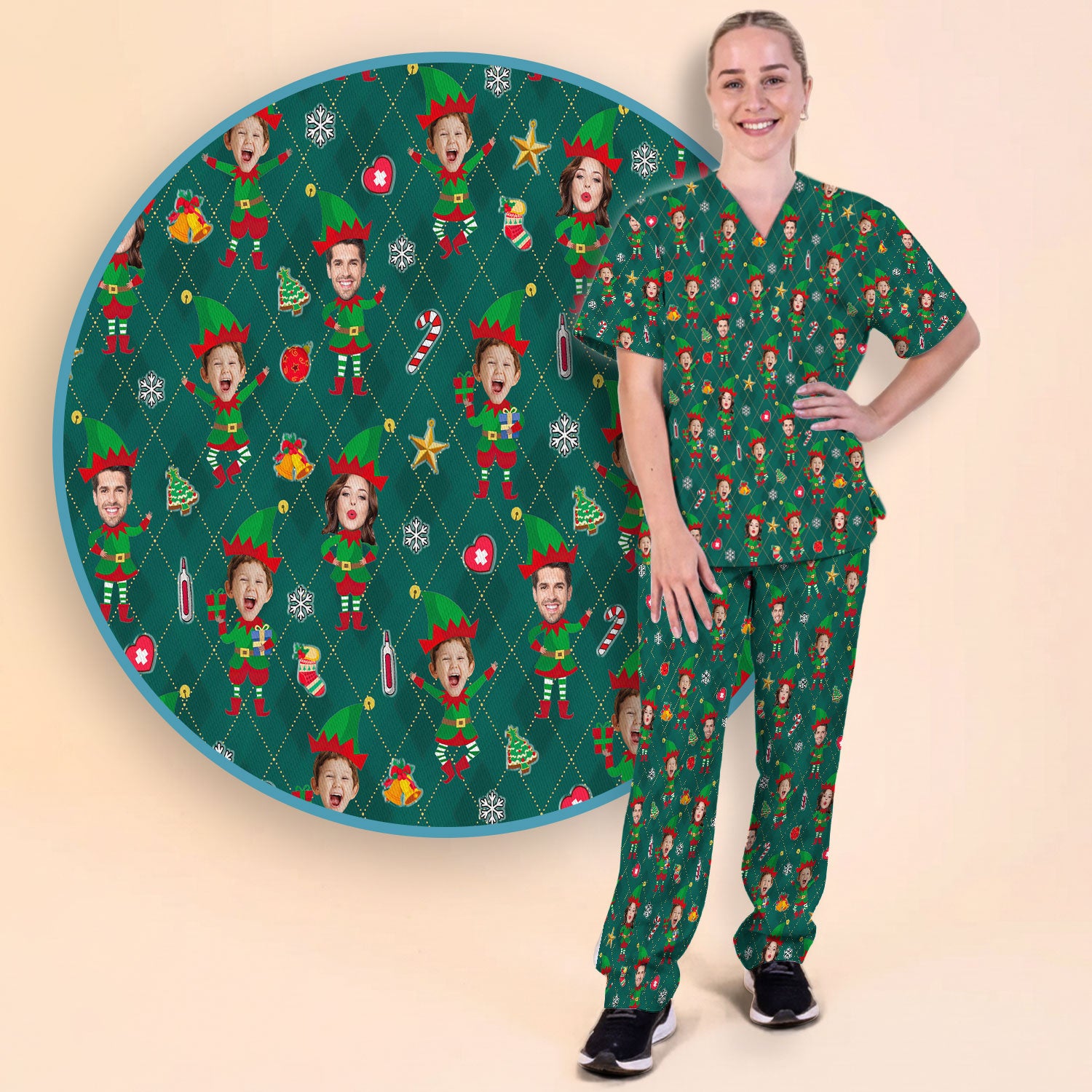 Personalized Face Nurse Uniform, Custom Photo Christmas Scrub Set, Funny Holiday Medical Uniform For Nursing