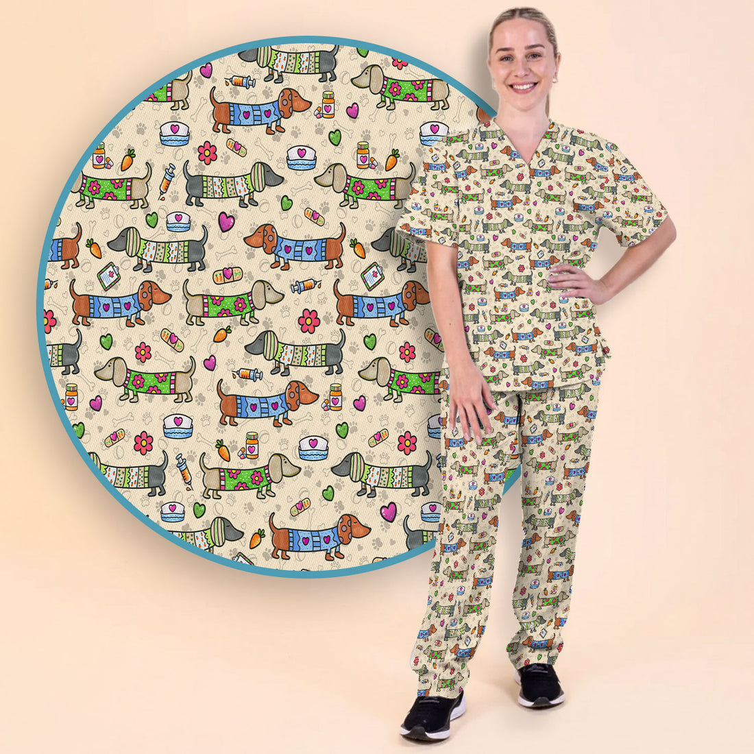 Cute Dachshund Nurse Scrub Set, Funny Wiener Dog Nursing Shirt, Breathable Fabrics Nursing Uniform