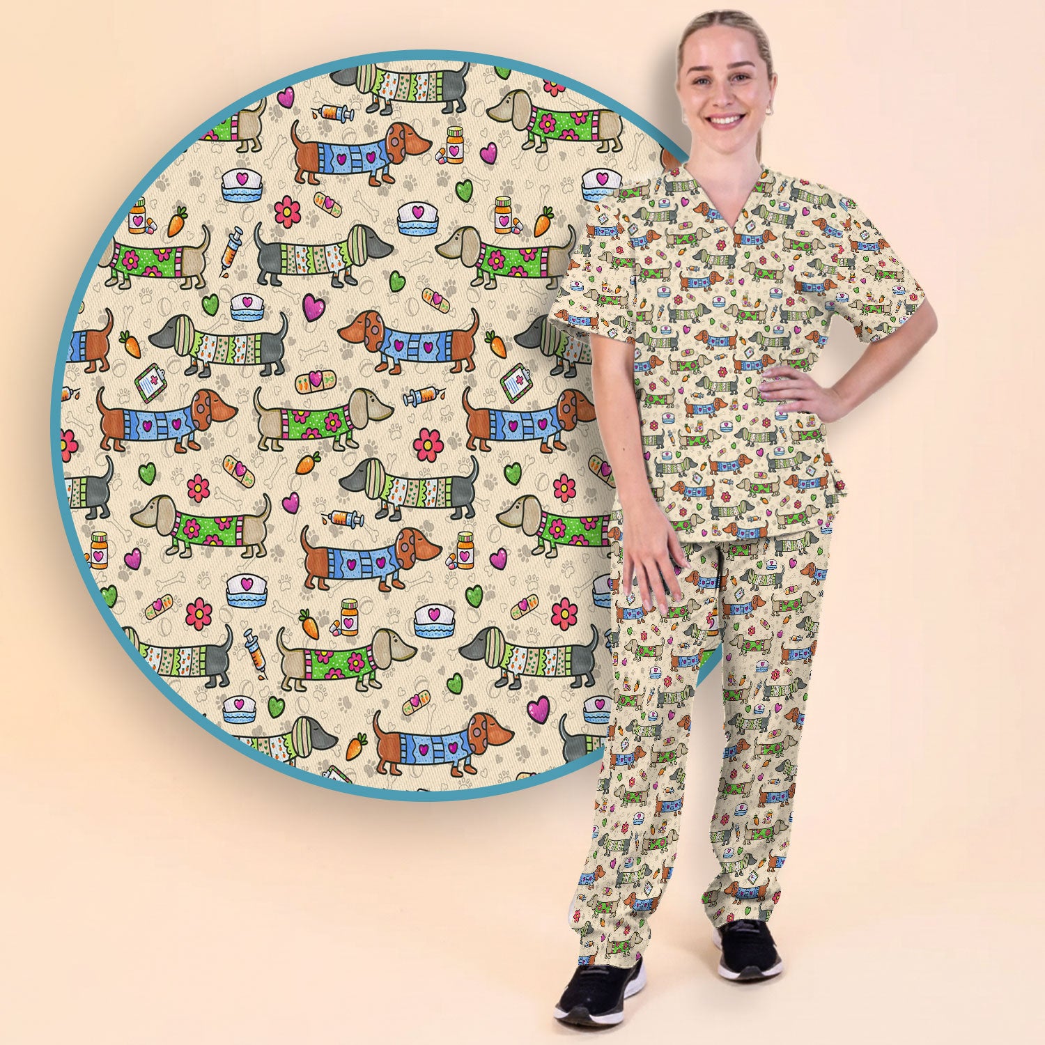 Cute Dachshund Nurse Scrub Set, Funny Wiener Dog Nursing Shirt, Breathable Fabrics Nursing Uniform