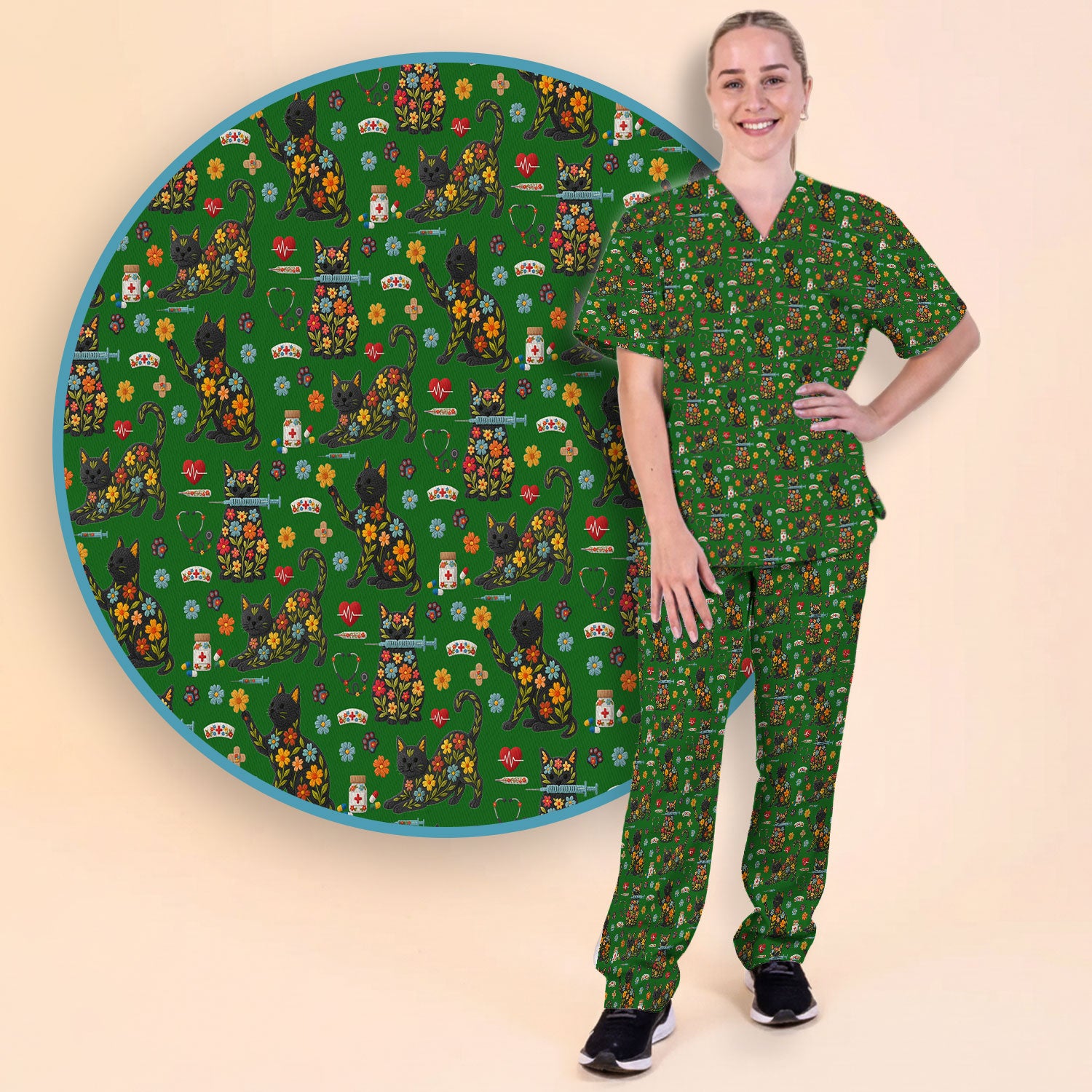 Floral Black Cat Pattern Scrub Set, Cute Cat Nurse Scrub Shirt, Medical Nursing Uniform
