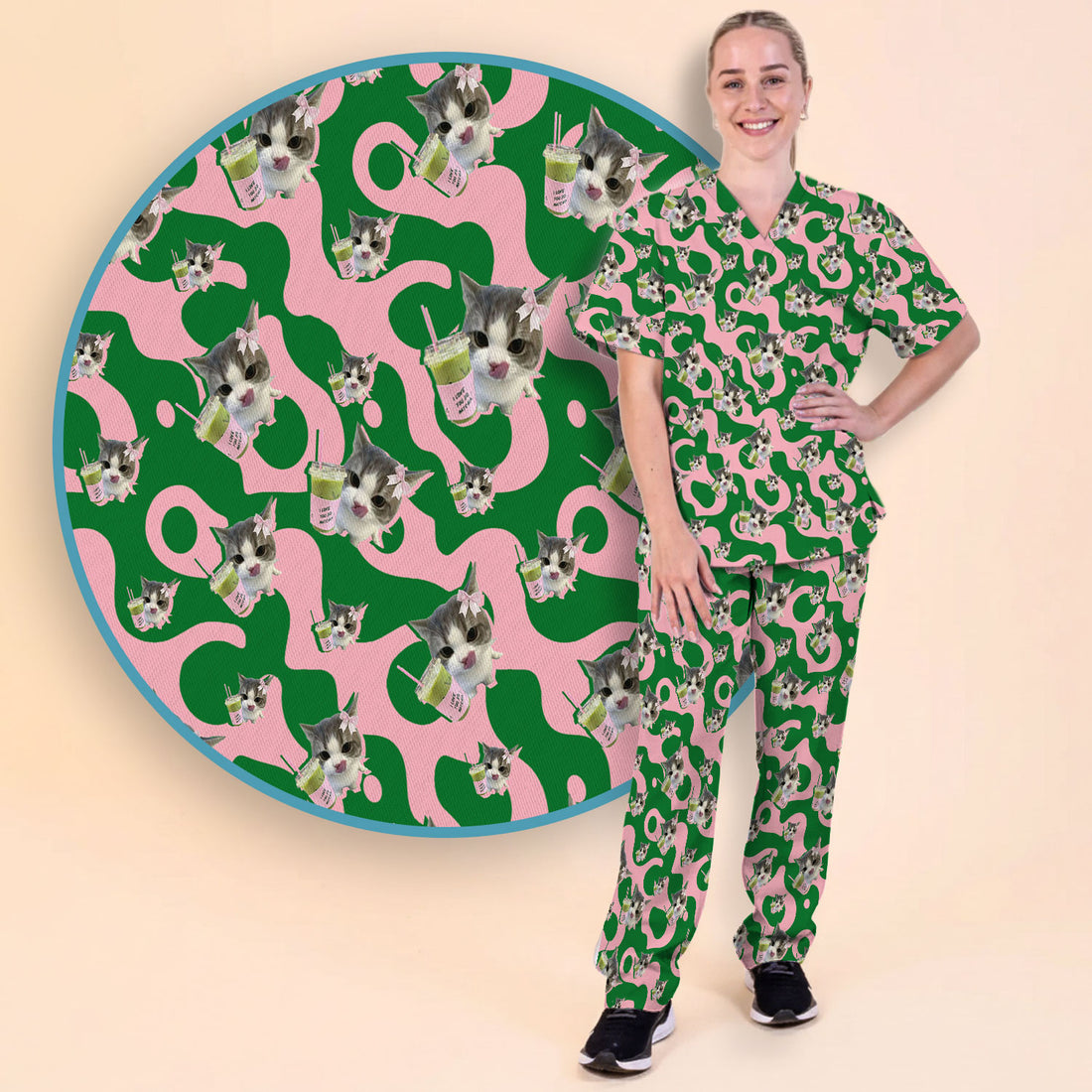 Cute Cat Matcha Nurse Scrub Set, Funny Cat I Love Matcha Medical Shirt,  Breathable Fabrics Nursing Uniform