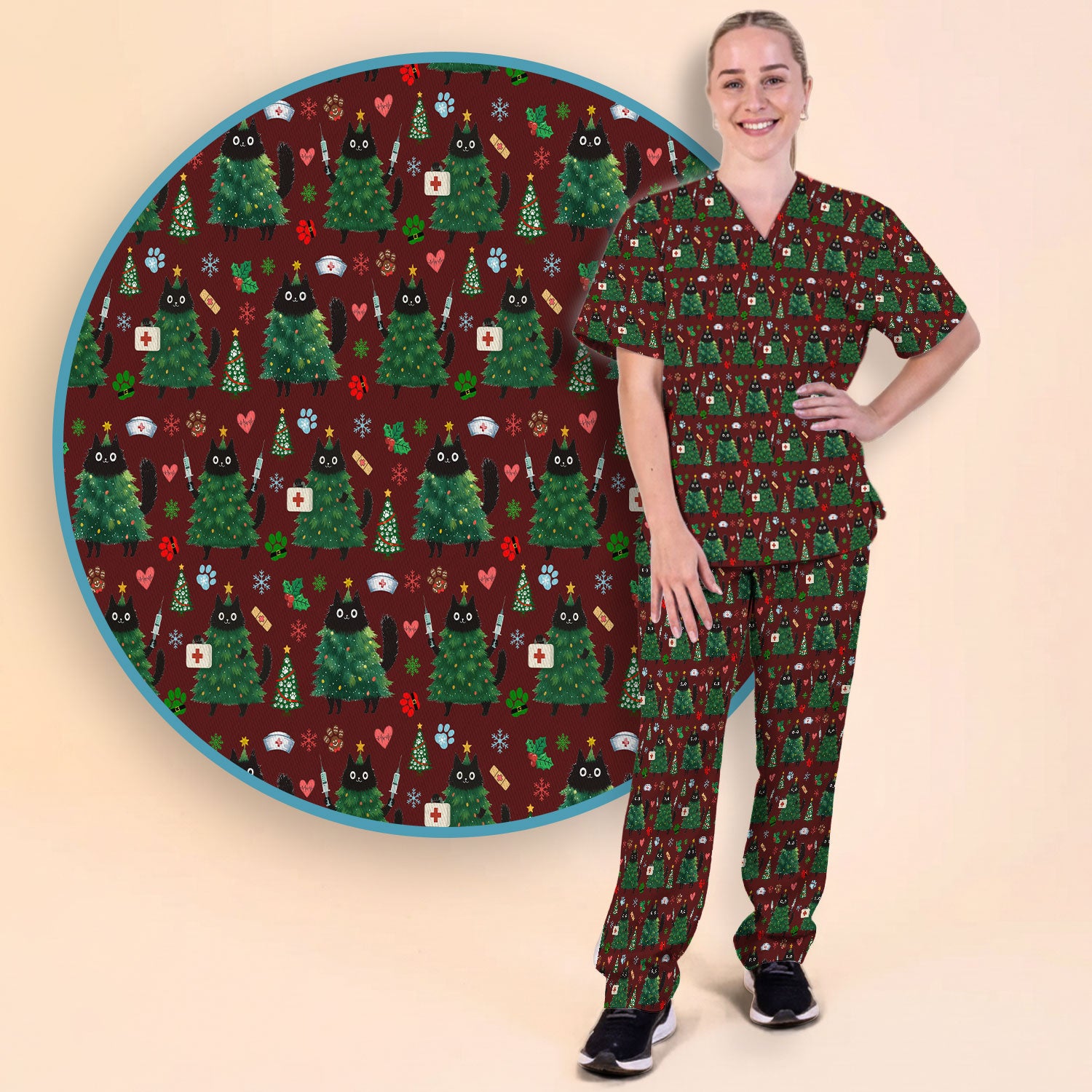 Christmas Nurse Scrub Set, Xmas Black Cat Pattern Nurse Shirt,  Breathable Fabrics Nursing Uniform