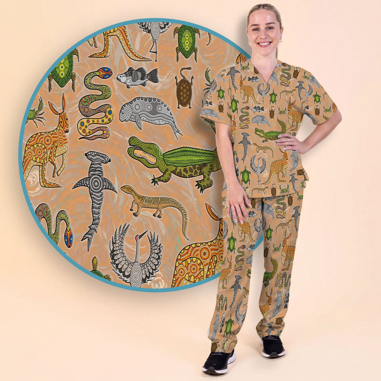 Crocodile Turtle Snake Animal Pattern Scrub Set, Women’s Scrub Sets V Neck Top