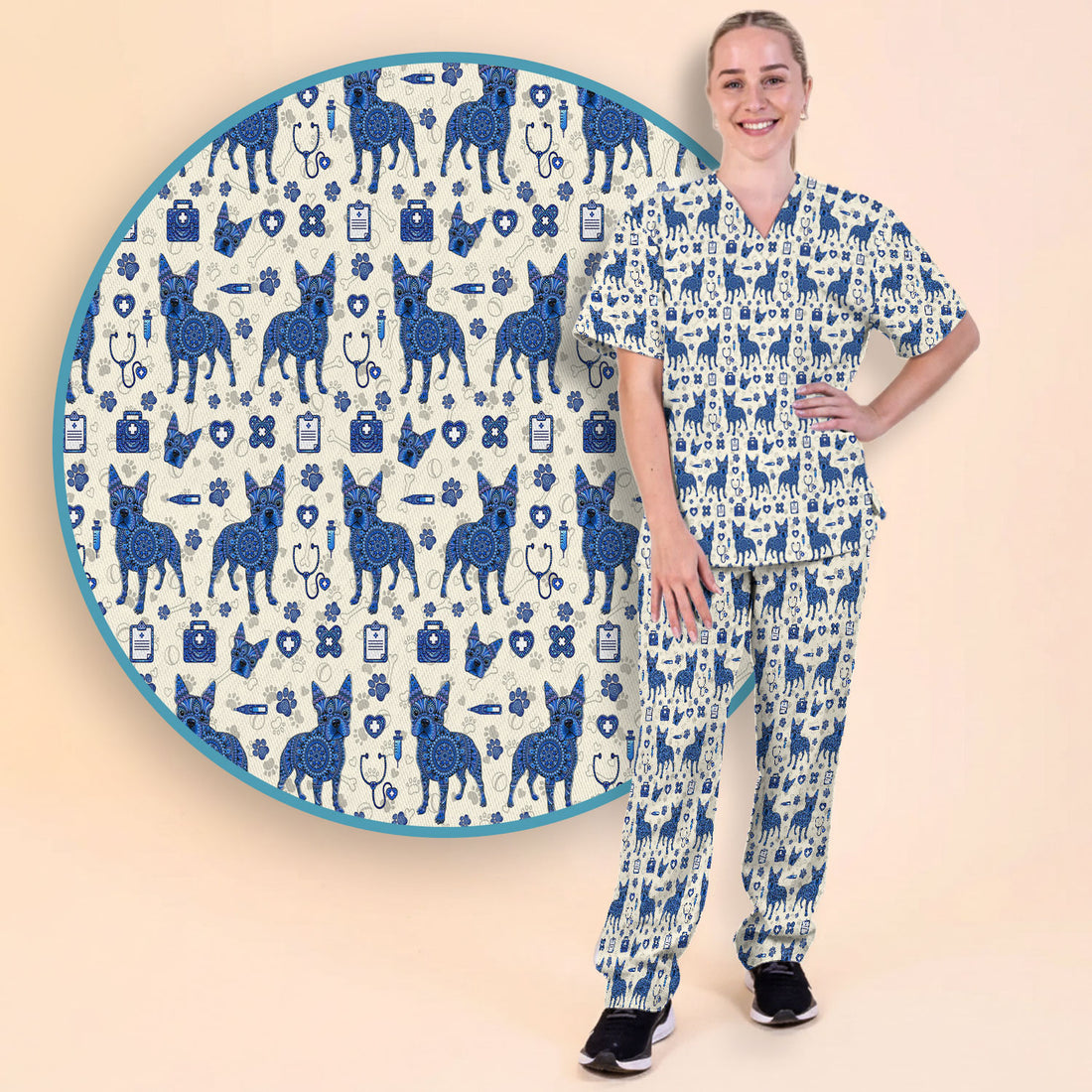 Blue Heeler Australian Cattle Dog Scrub Set, Australia Dot Art Pattern Shirt, Breathable Fabrics Nursing Uniform