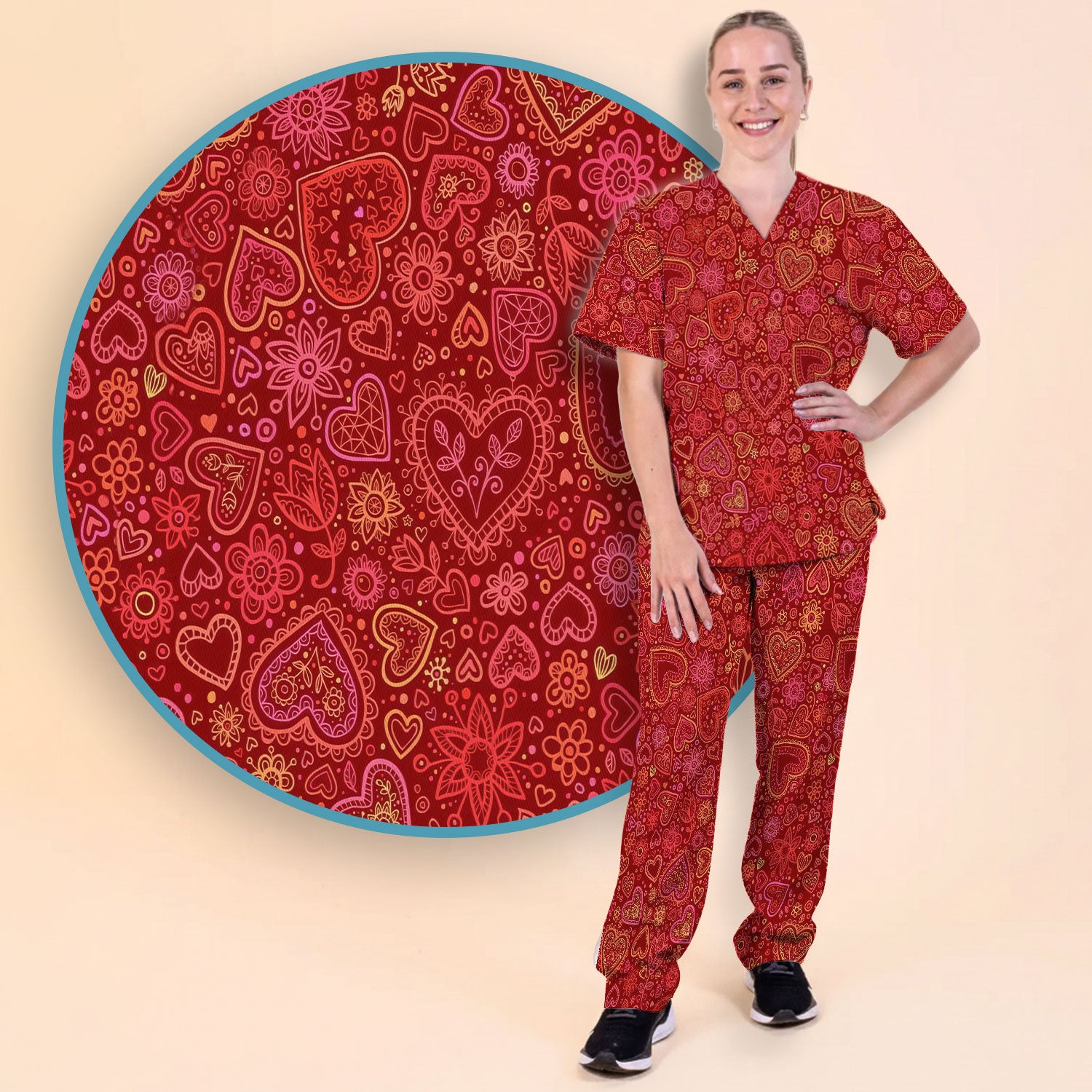 Valentine Heart Nurse Scrub Set, Cute Nursing Pattern Shirt, Breathable Fabrics Nursing Uniform