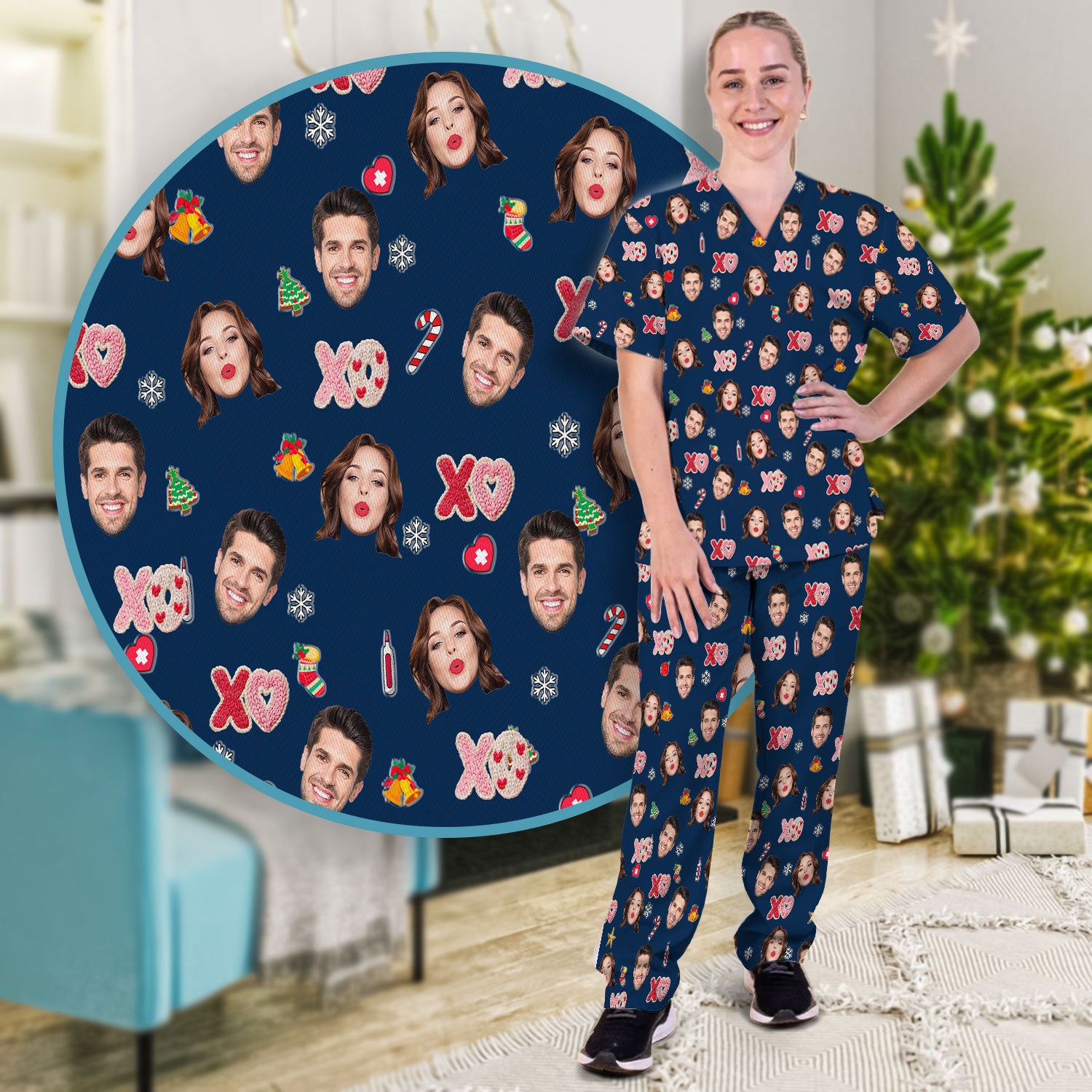 Personalized Photo Scrub Set, Custom Face XOXO Scrub Shirt, Breathable Fabrics Nursing Uniform