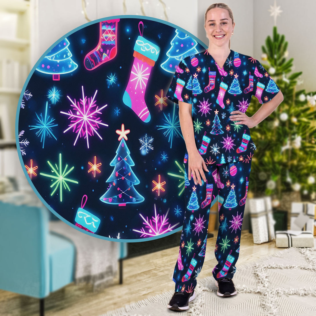 Xmas Neon Pattern Scrub Set, Christmas Scrub Shirt, Breathable Fabrics Nursing Uniform