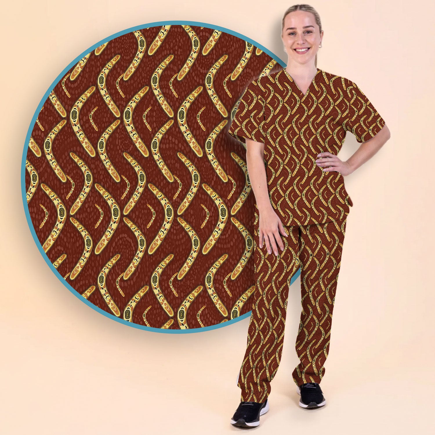Aboriginal Boomerang Pattern Women Scrub Set, Breathable Med Uniform