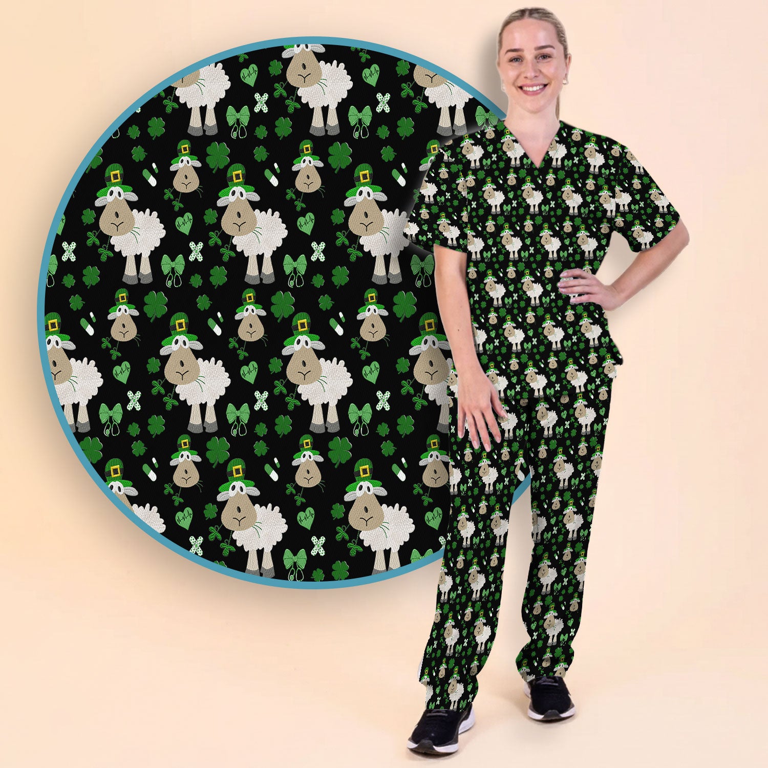 Nurse St. Patrick Scrubs Set, Cute Sheep Shamrock Pattern Nurse Shirt, Breathable Fabrics Nursing Uniform