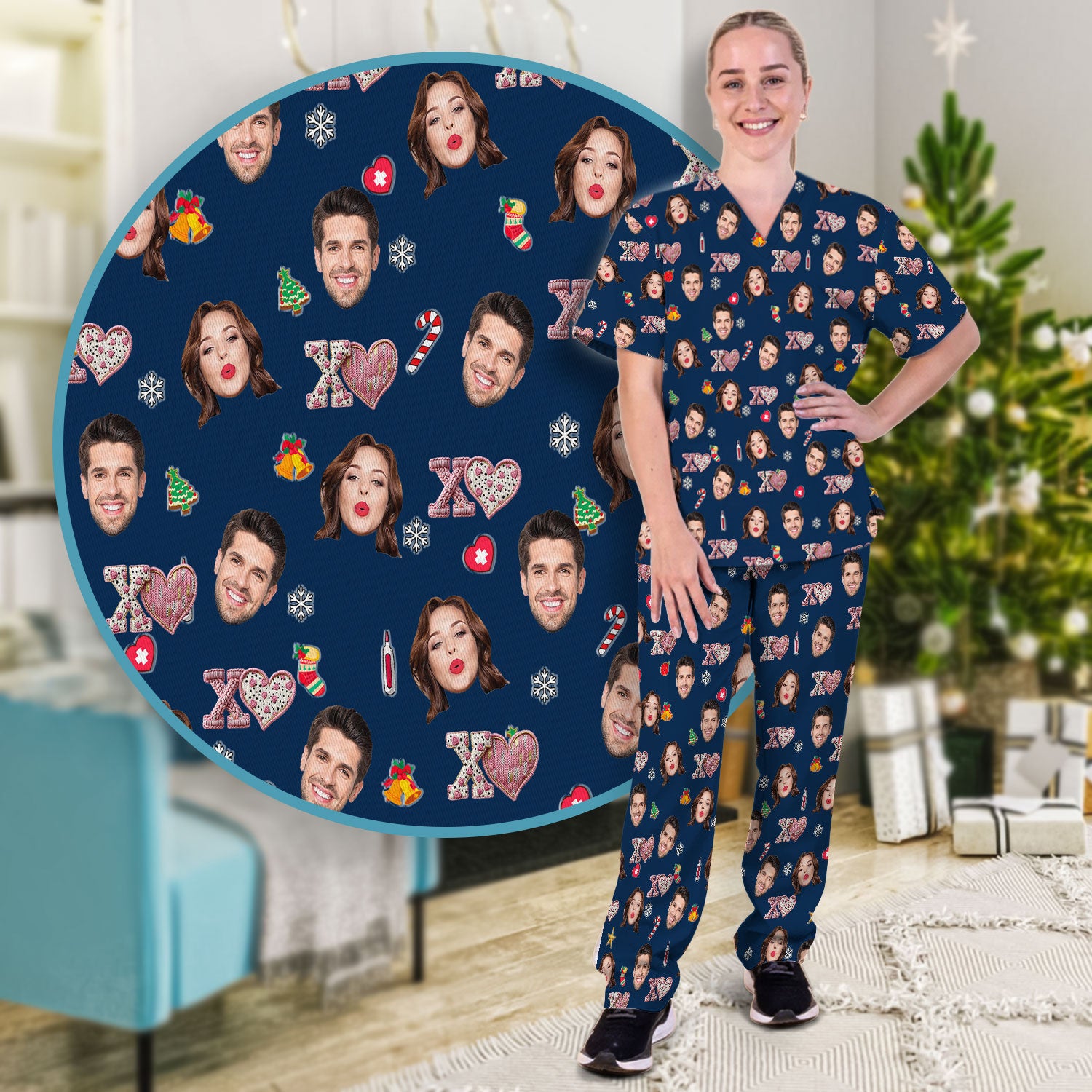 Custom Face Pattern XOXO Scrub Shirt, Personalized Photo Scrub Set, Breathable Fabrics Nursing Uniform