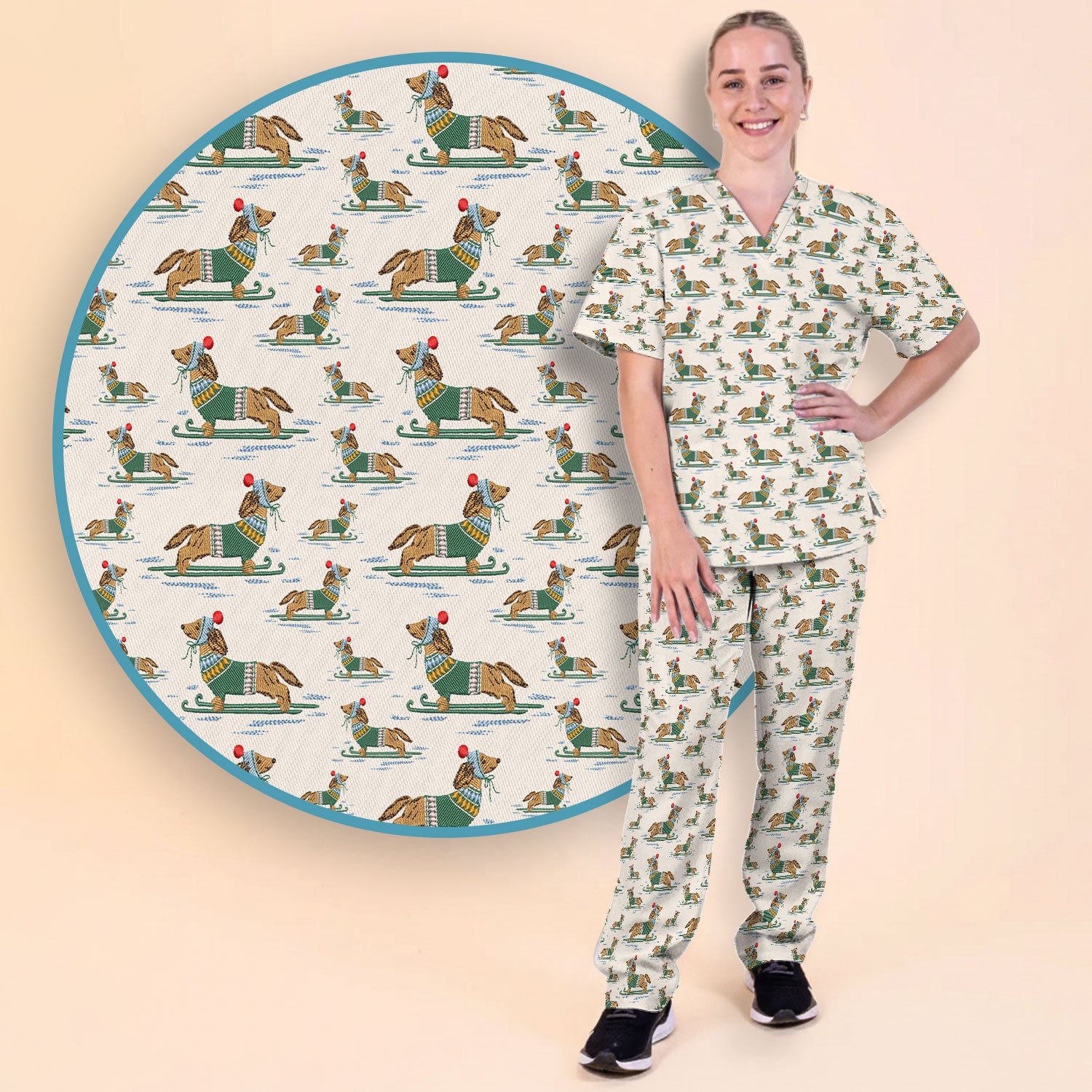Dachshund Nurse Scrub Set, Wiener Dog Winter Pattern Shirt, Breathable Fabrics Nursing Uniform