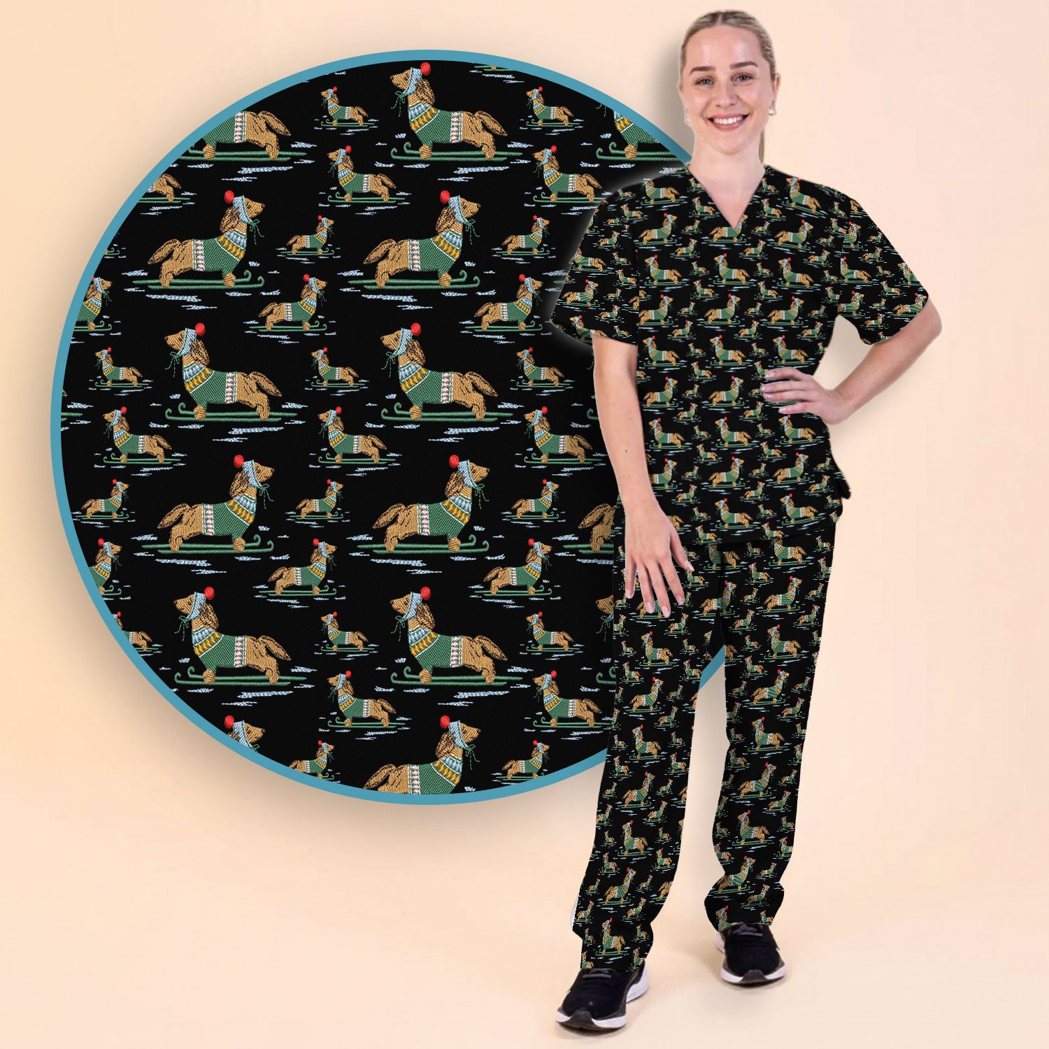 Dachshund Nurse Scrub Set, Wiener Dog Winter Pattern Shirt, Breathable Fabrics Nursing Uniform