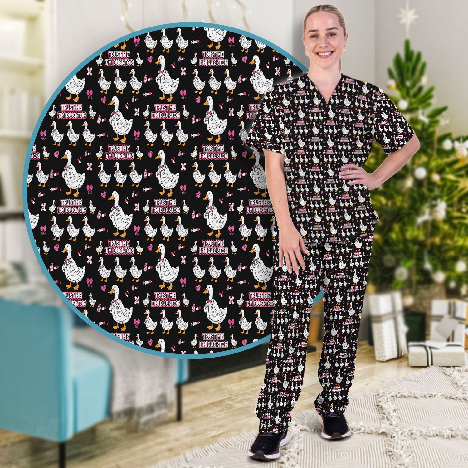 Trust Me I'm Ducktor Scrub Set, Funny Duck Pattern Scrub Shirt, Breathable Fabrics Nursing Uniform For Women