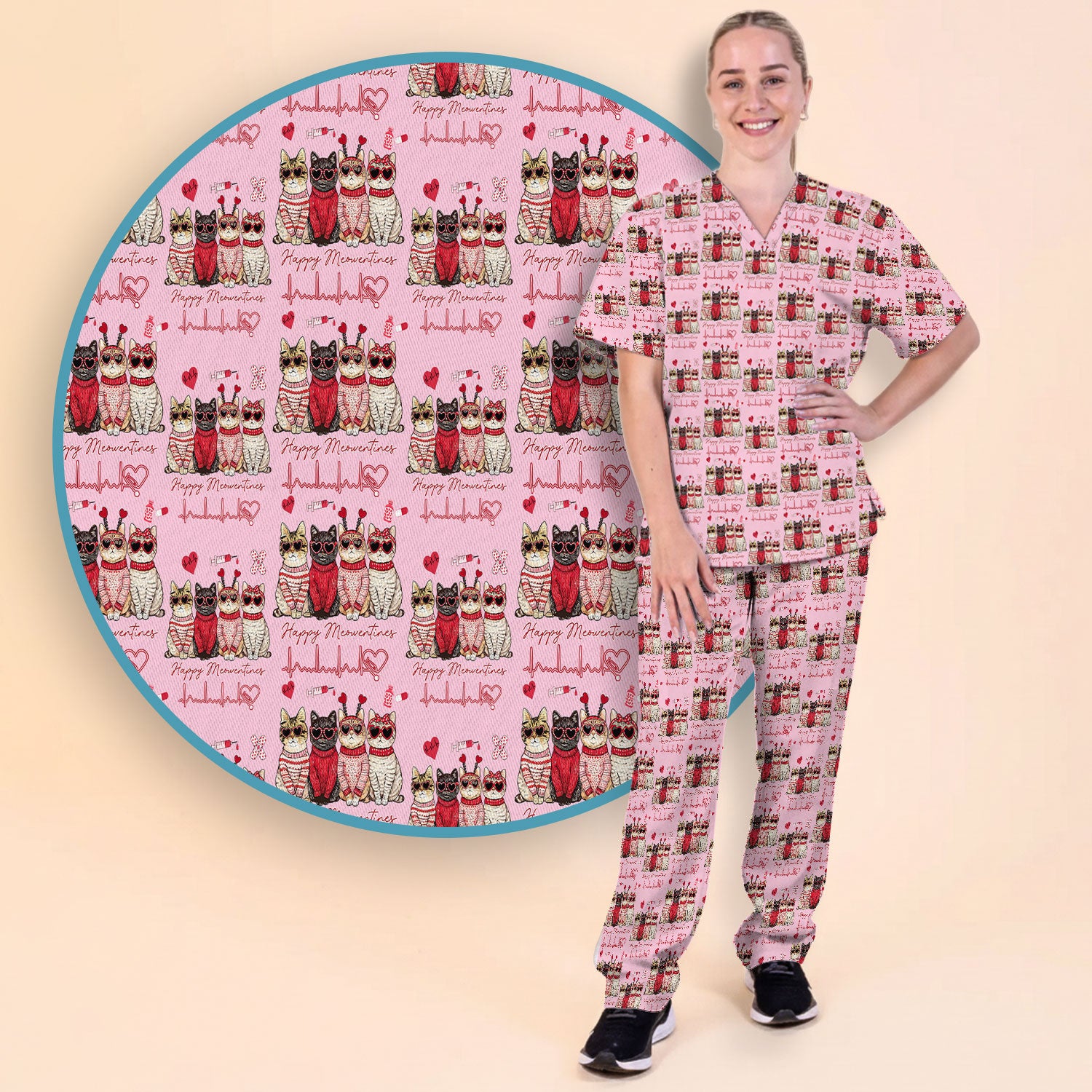 Happy Meowtines Cat Pattern Scrub Set, Valentine Cat Lover Nurse Scrub Shirt, Heartbeat Medical Pattern Nursing Uniform