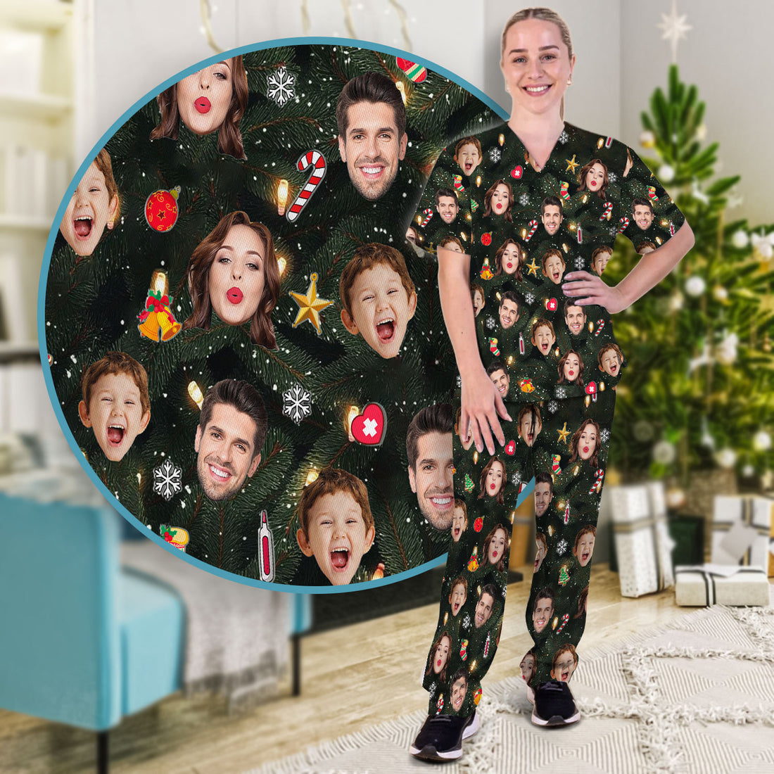Personalized Christmas Photo Scrub Set, Funny Xmas Custom Face Scrub Shirt, Breathable Fabrics Nursing Uniform