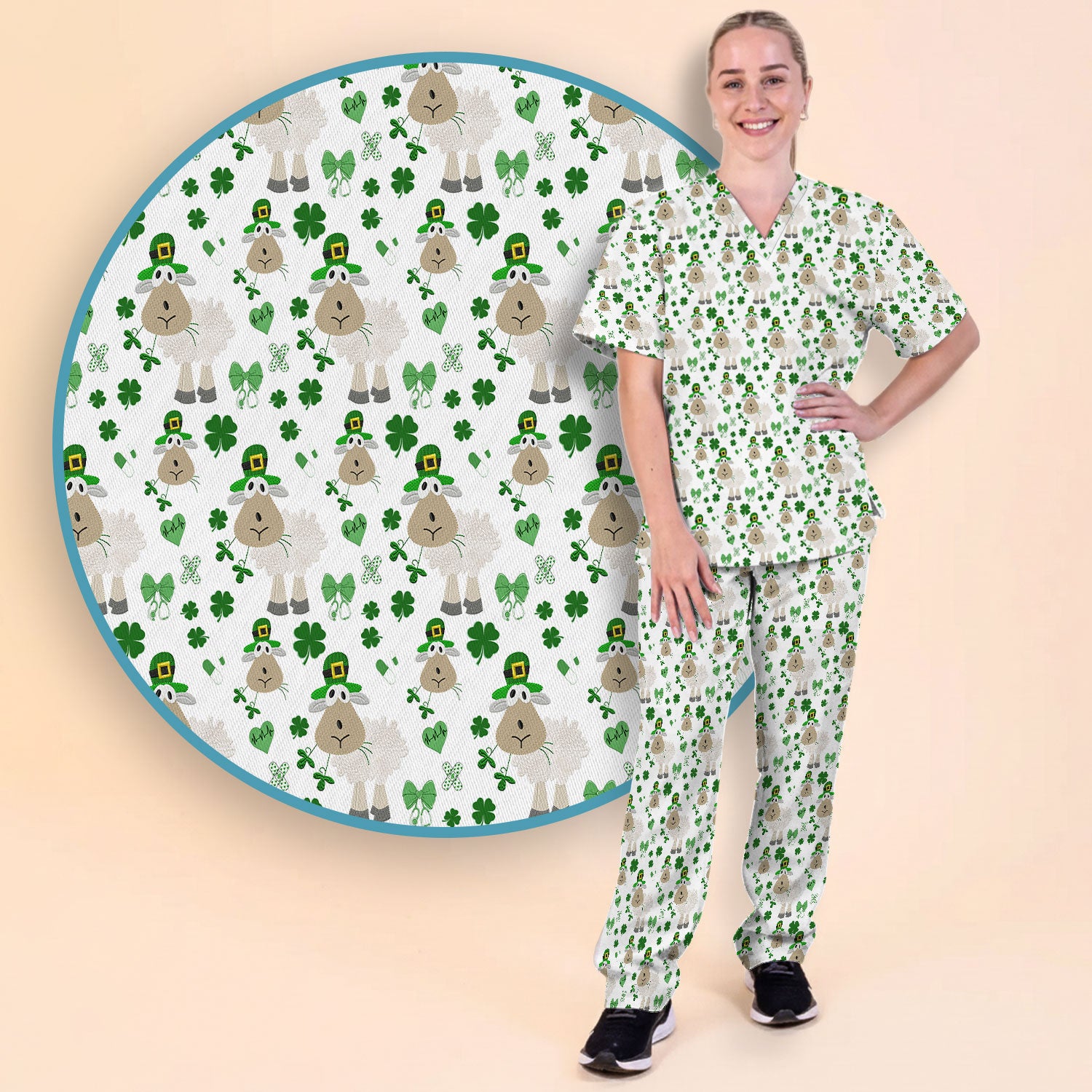 Nurse St. Patrick Scrubs Set, Cute Sheep Shamrock Pattern Nurse Shirt, Breathable Fabrics Nursing Uniform