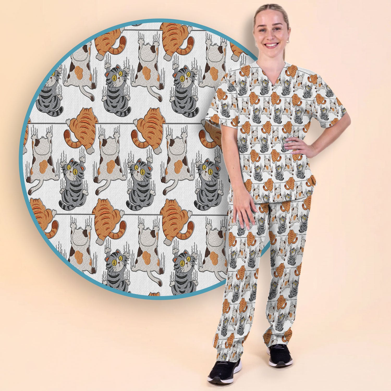 Cute Cat Pattern Nurse Scrub Set, Cats Medical Pattern Shirt, Breathable Fabrics Nursing Uniform