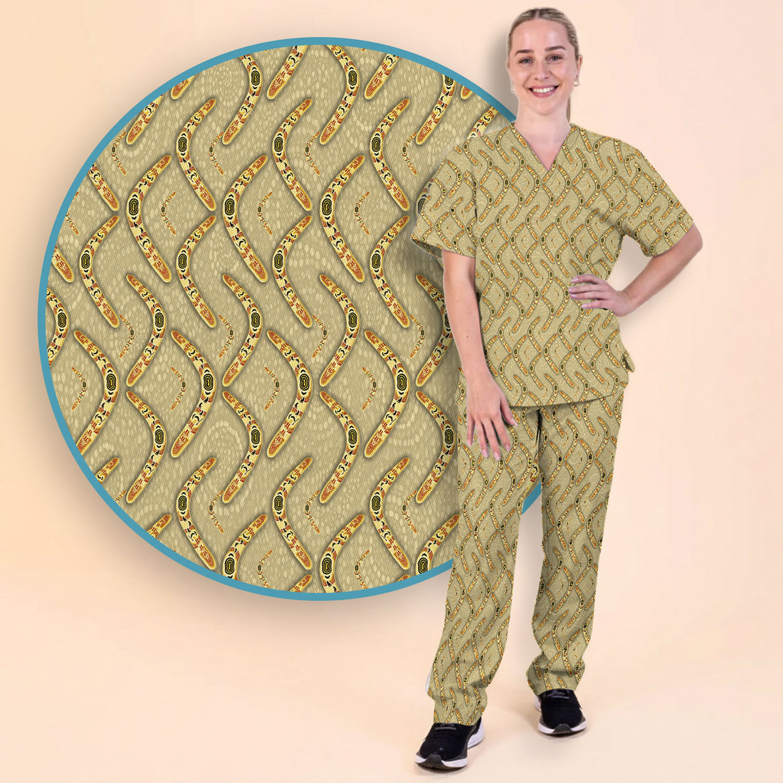 Aboriginal Boomerang Pattern Women Scrub Set, Breathable Med Uniform