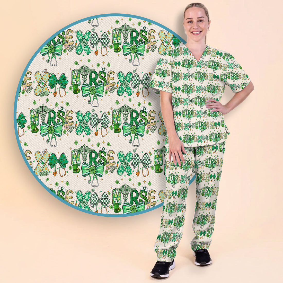 St. Patrick’s Nurse Scrub Set, Lucky Clover And Green Bow Pattern Nurse Shirt, Breathable Fabrics Nursing Uniform