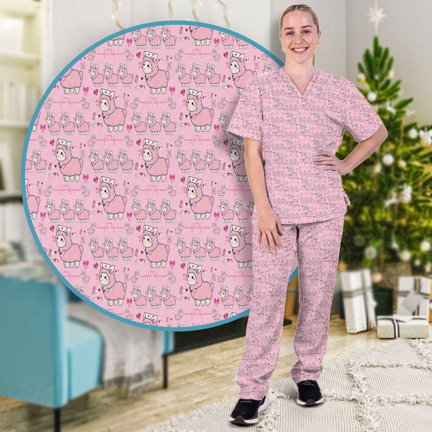 Llama Ain't Got Time For Your Drama Scrub Set, Funny Pattern Scrub Shirt, Breathable Fabrics Nursing Uniform