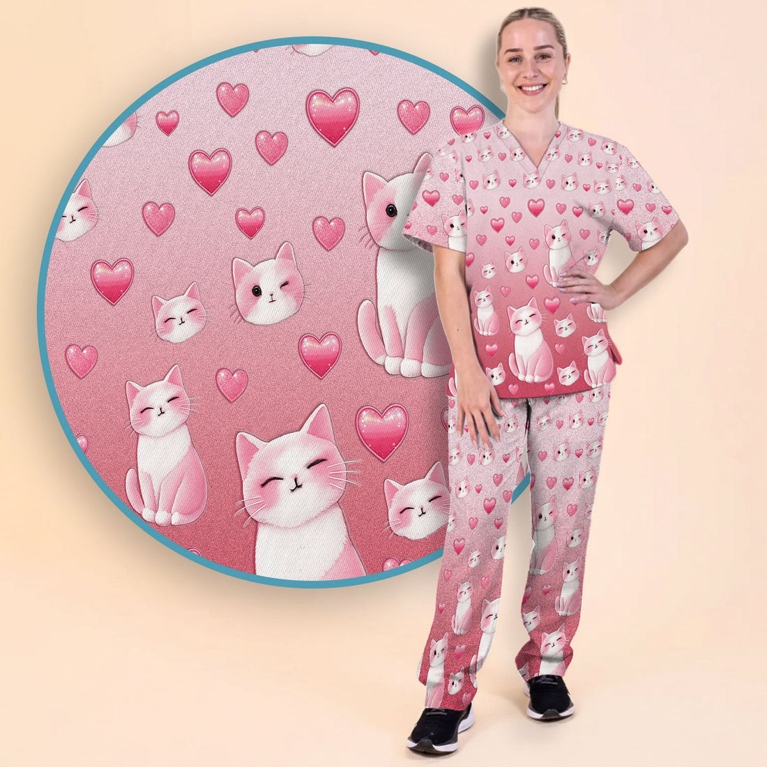 Valentine Cat Scrub Set, Cute Heart Pattern Nurse Shirt, Comfortable Scrubs For Nursing