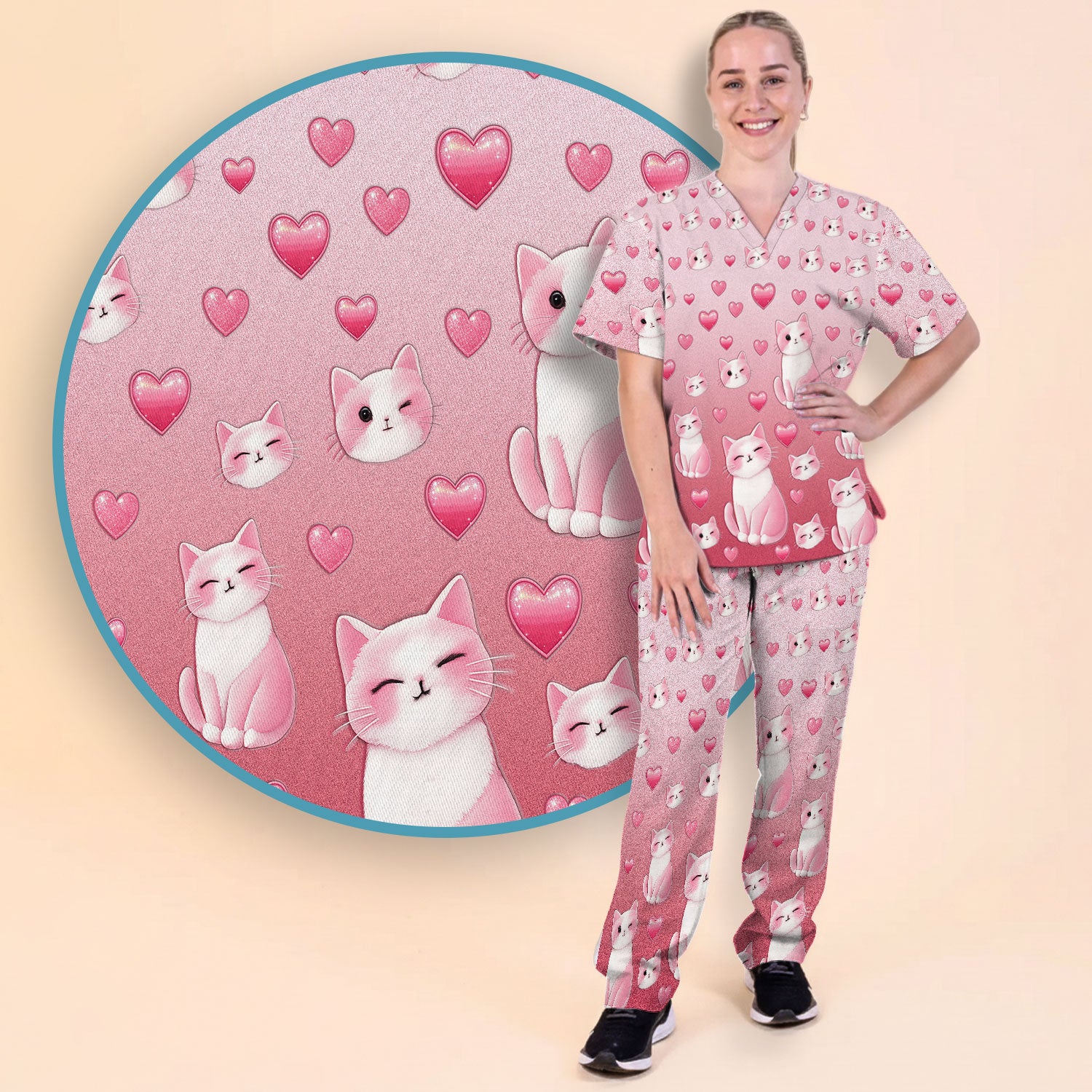 Valentine Cat Scrub Set, Cute Heart Pattern Nurse Shirt, Comfortable Scrubs For Nursing