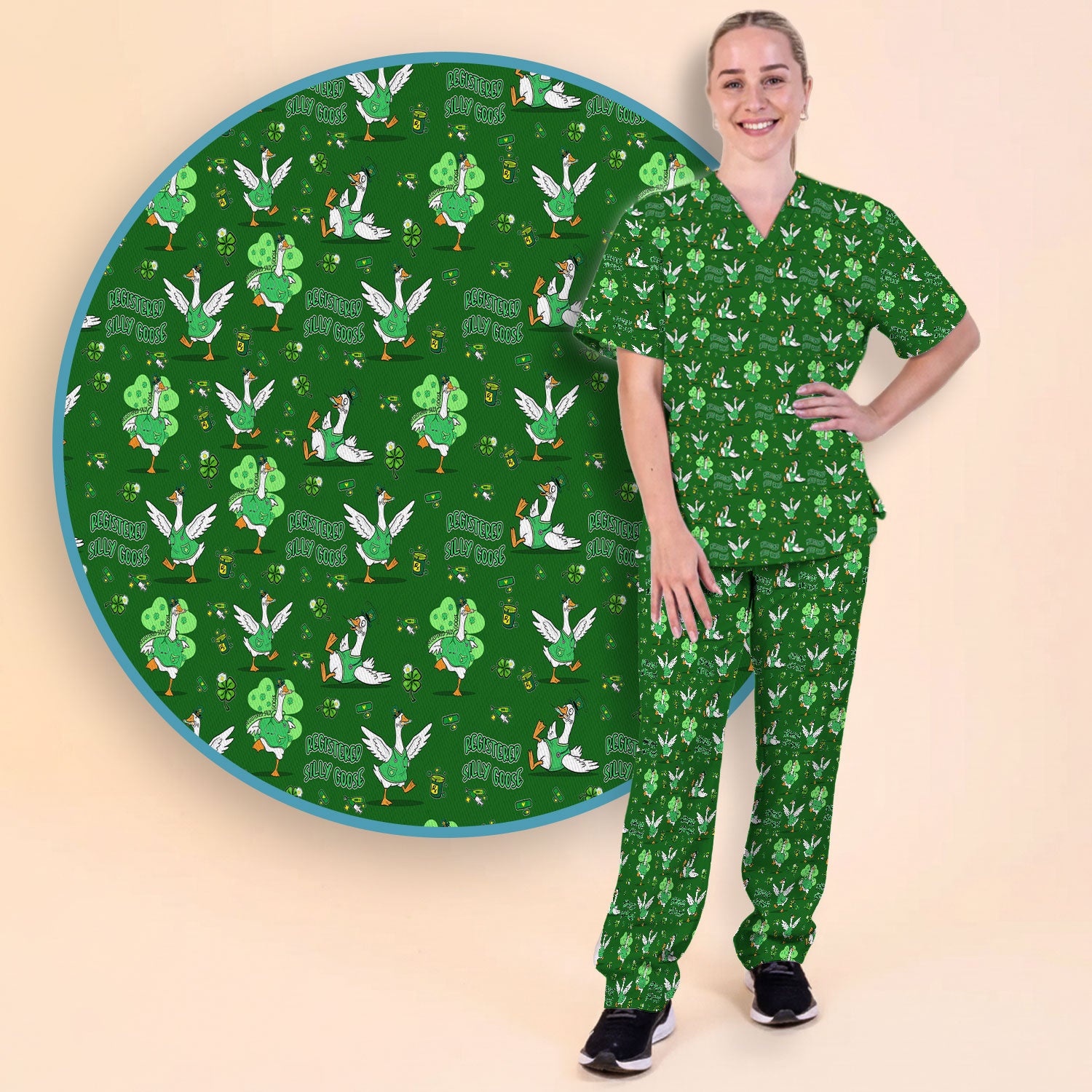 Silly Goose St. Patrick’s Day Scrub Set, Funny Goose Shamrock Pattern Nurse Scrub Shirt, Irish Green Nursing Uniform