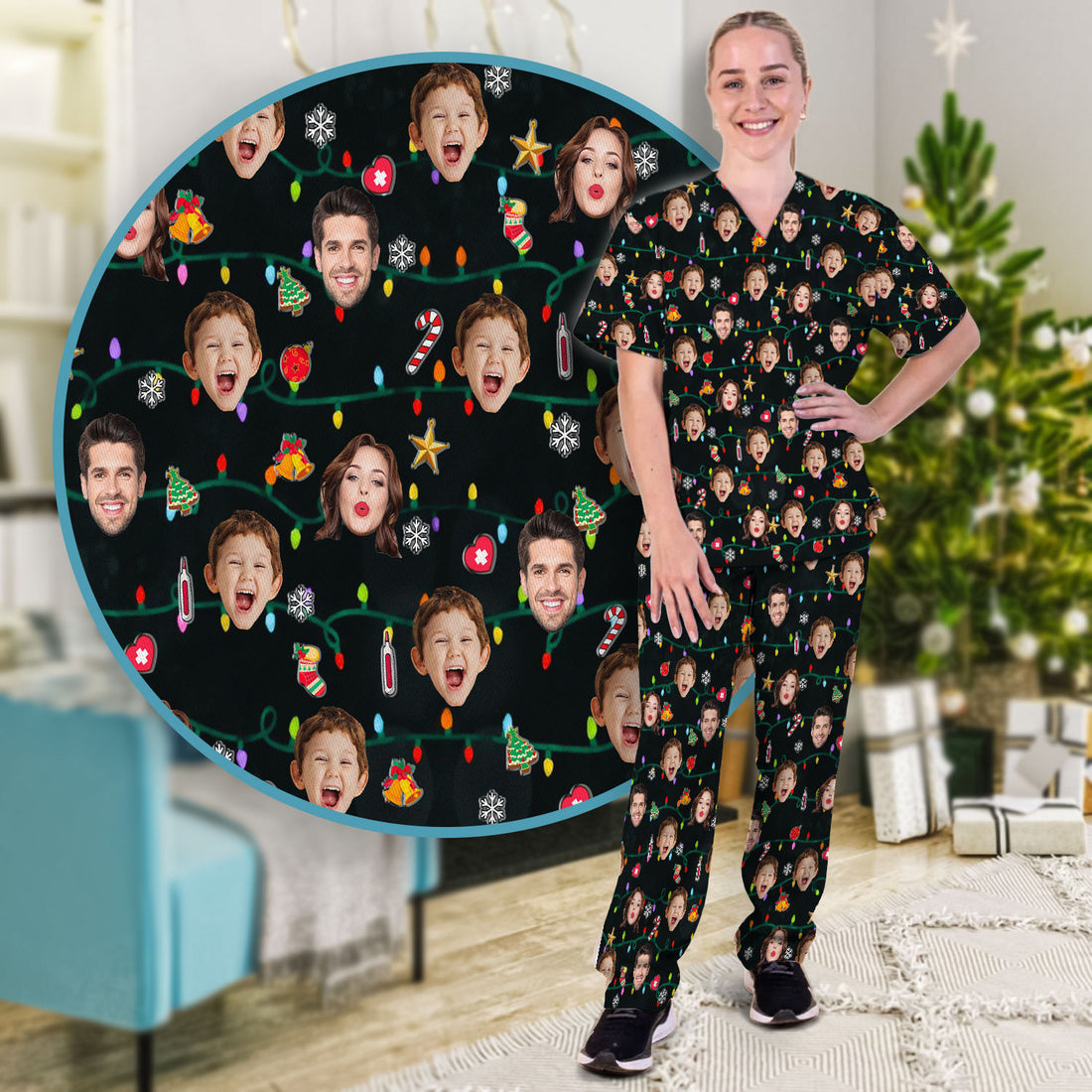 Personalized Xmas Photo Scrub Set, Christmas Custom Face Scrub Shirt, Breathable Fabrics Nursing Uniform