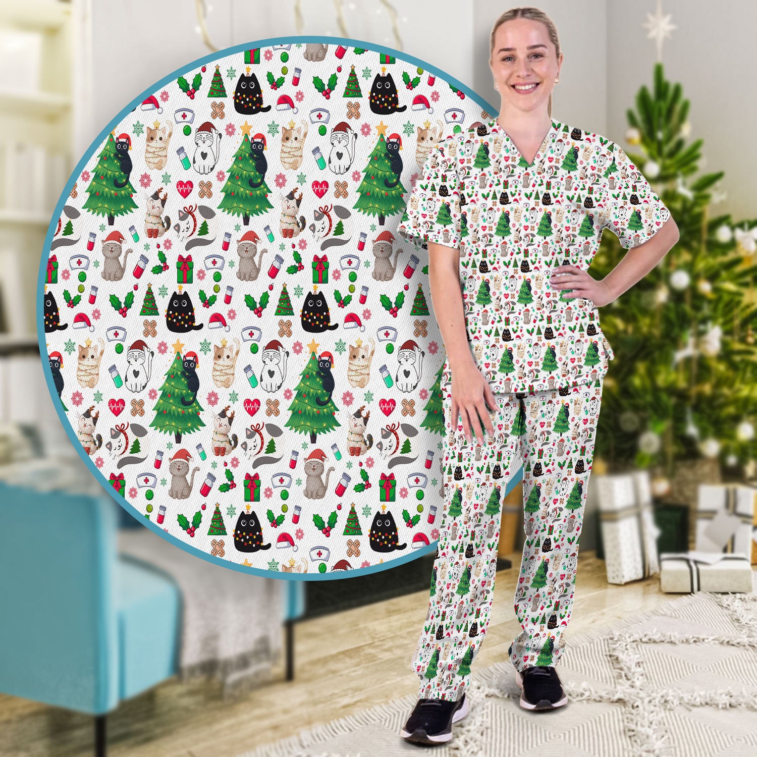 Christmas Cat Scrub Set, Xmas Pet Pattern Scrub Shirt, Breathable Fabrics Nursing Uniform