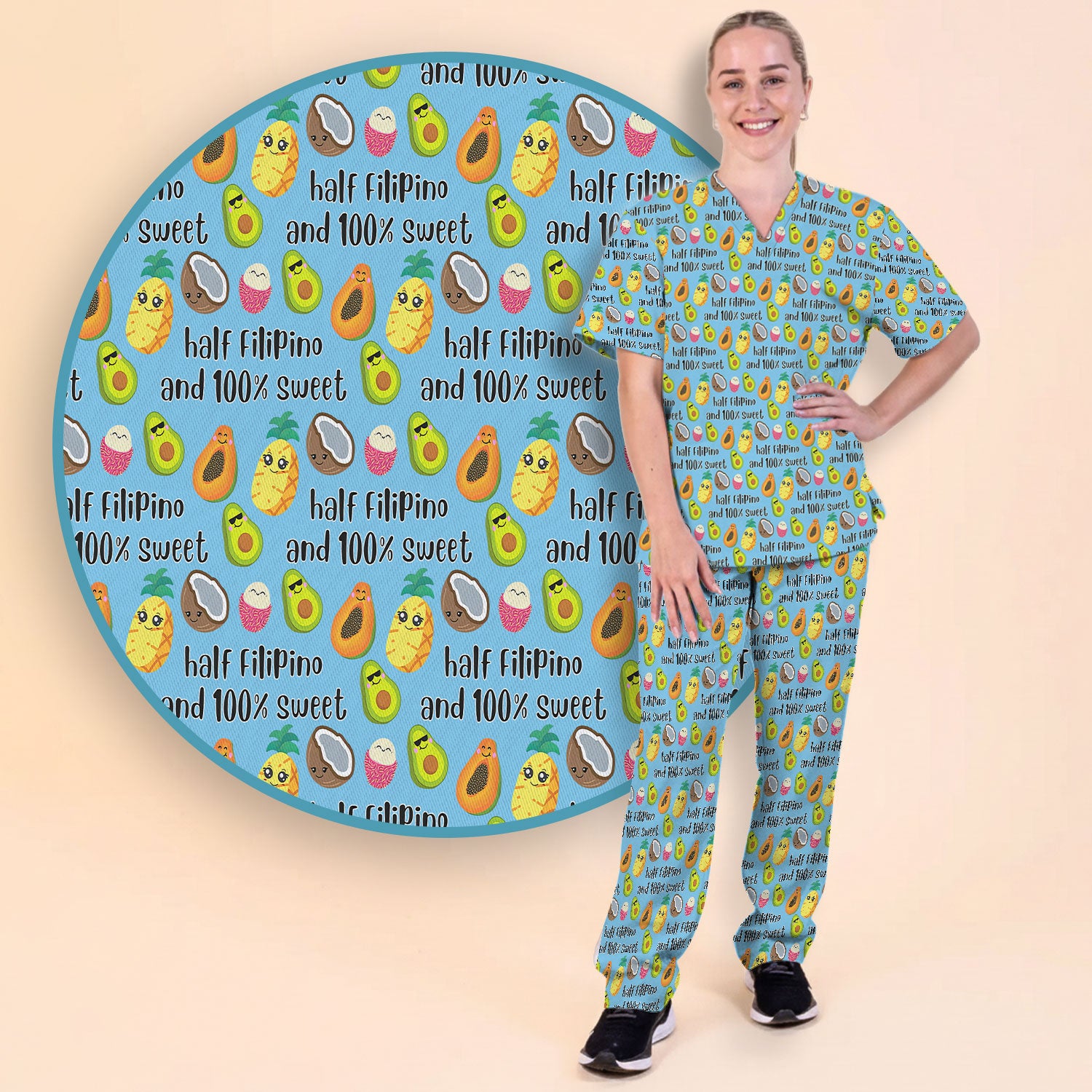 Playful Avocado Fruit Print Filipino Quote Scrub Set, Breathable Med Uniform