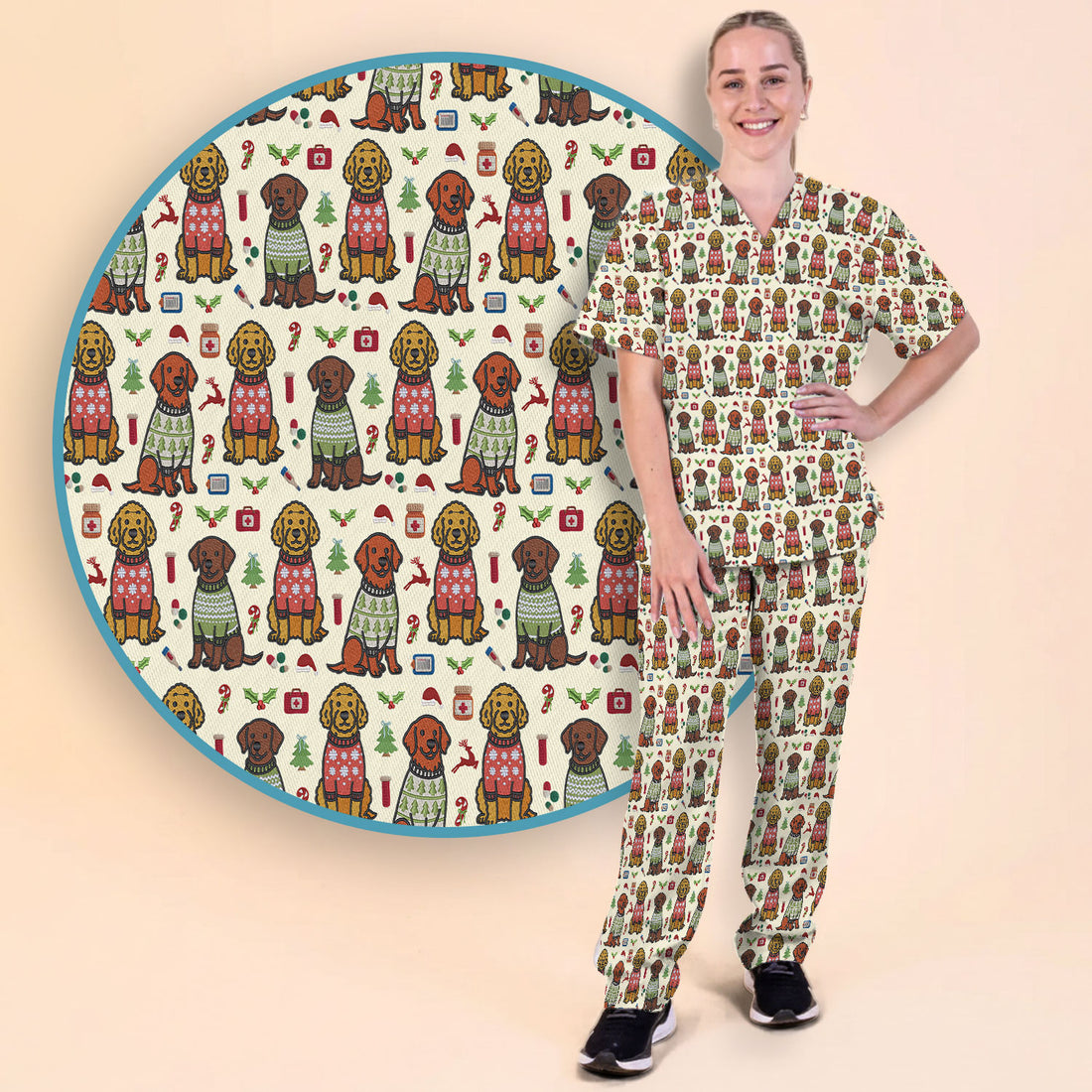Golden Retriever Christmas Scrub Set, Cute Holiday Dog Nurse Pattern Shirt, Breathable Fabrics Nursing Uniform