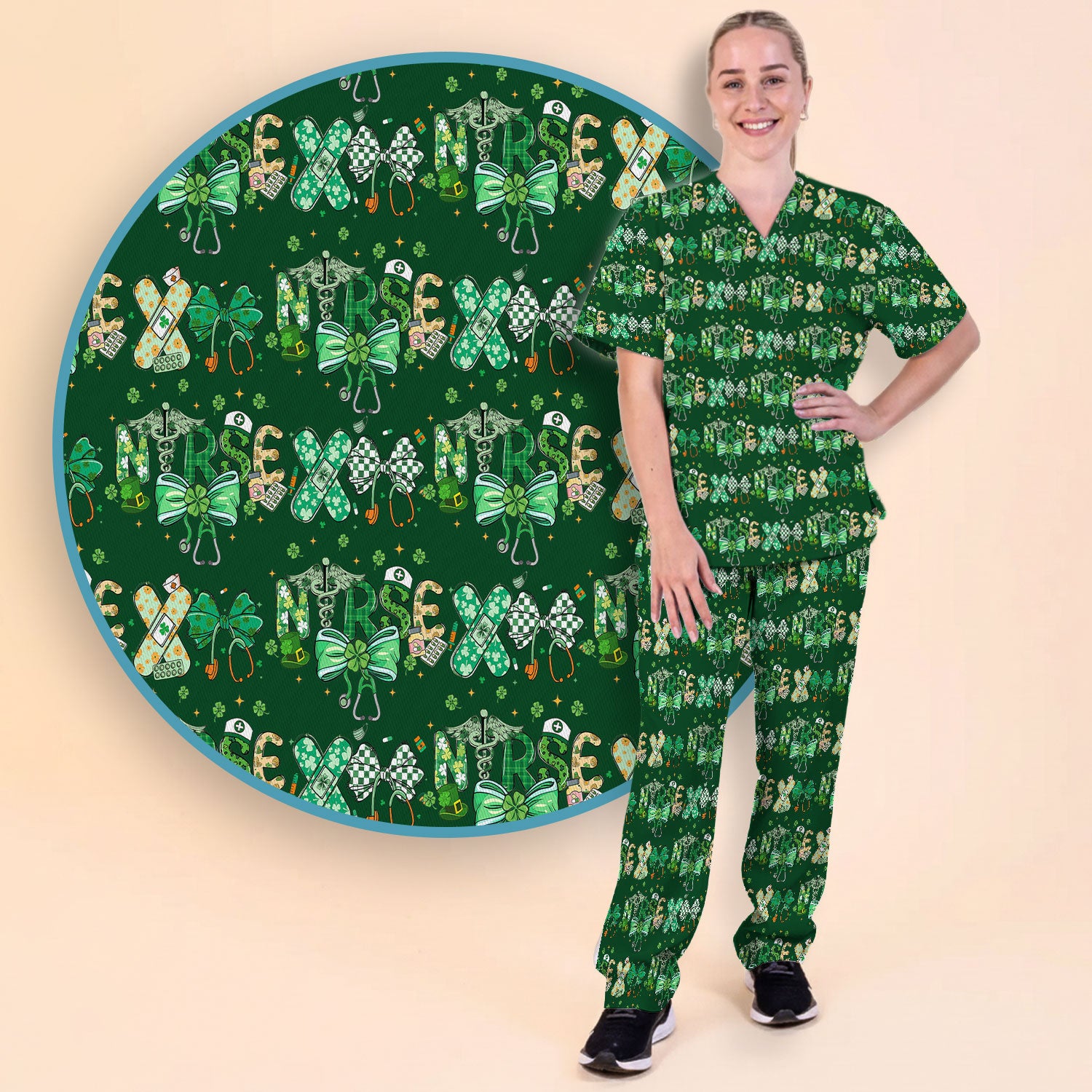 St. Patrick’s Nurse Scrub Set, Lucky Clover And Green Bow Pattern Nurse Shirt, Breathable Fabrics Nursing Uniform